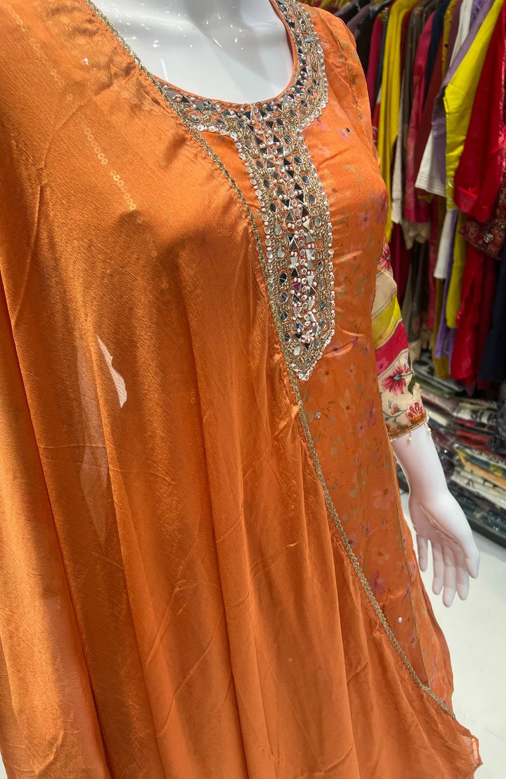 Chinon Orange Organza Straight Suit Set for Women | Hand Work Digital Print Festive Wear