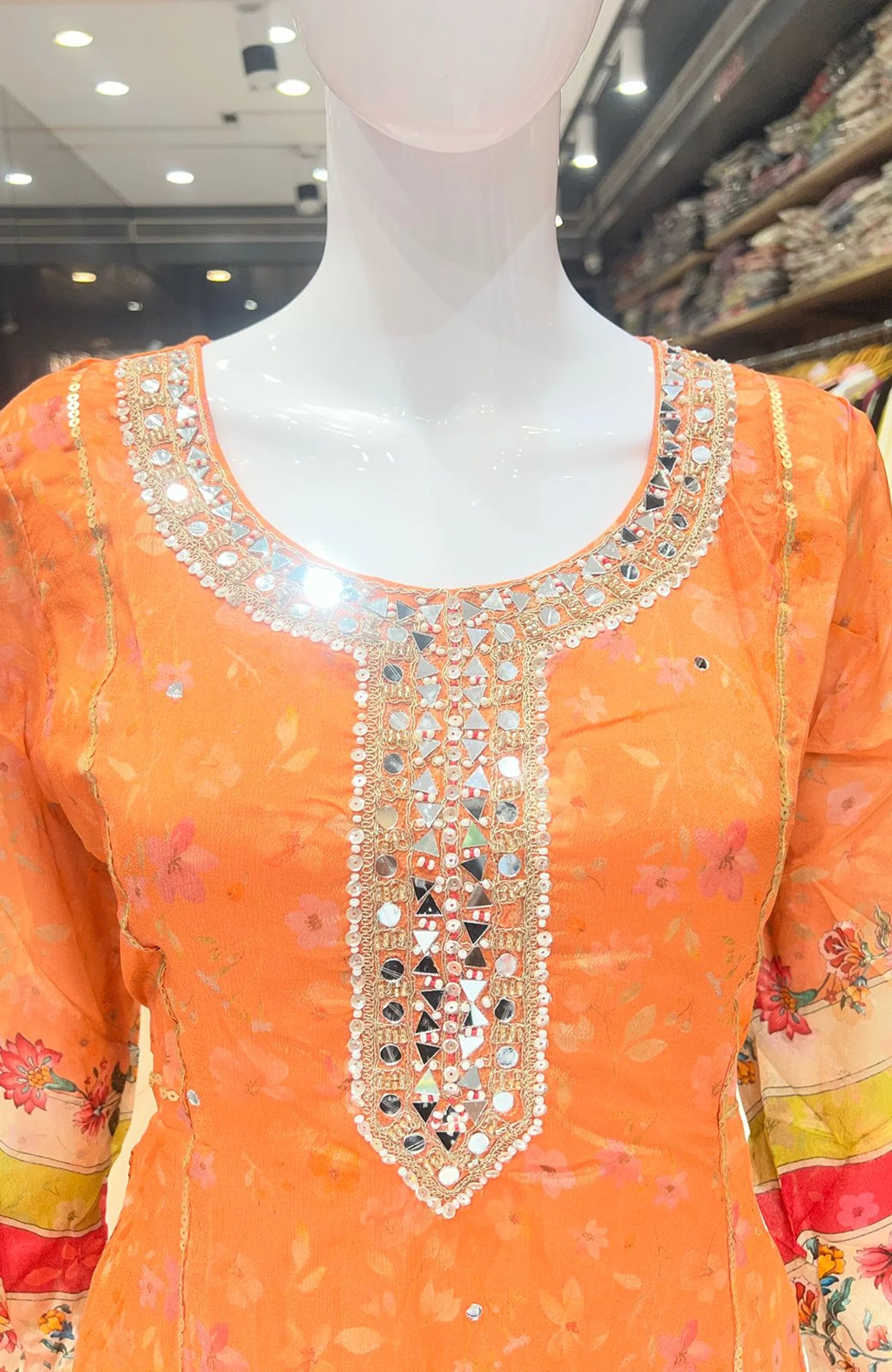 Chinon Orange Organza Straight Suit Set for Women | Hand Work Digital Print Festive Wear