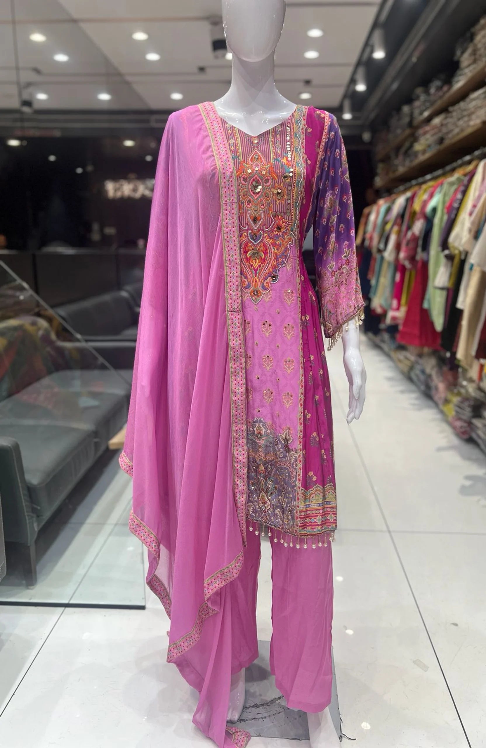 Pink Printed Short Anarkali Suit Set for Women | Gota Patti 3 Piece Festive Ethnic Wear