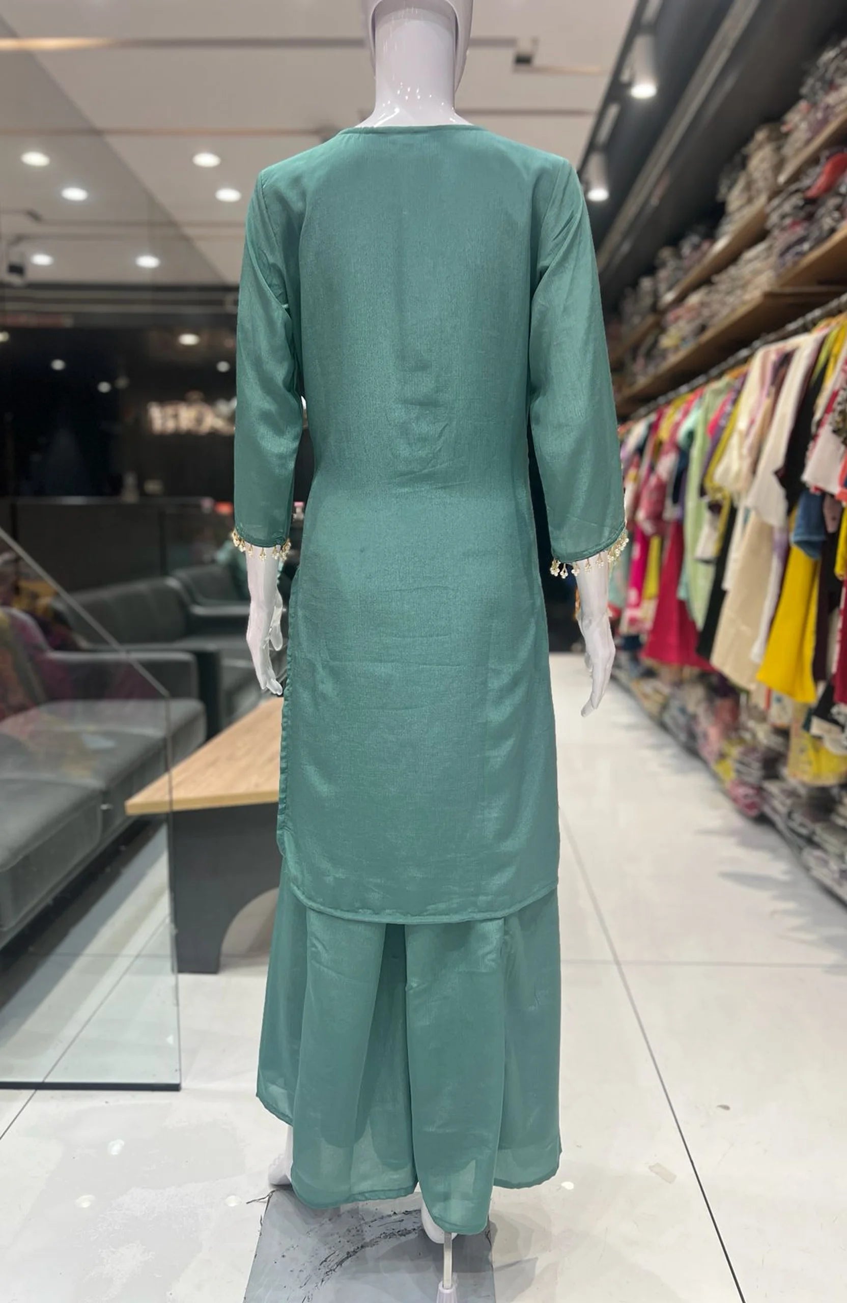 Dusty Green Chinon Bead Work 3 Piece Suit Set for Women | Elegant Straight Suit Festive Wear
