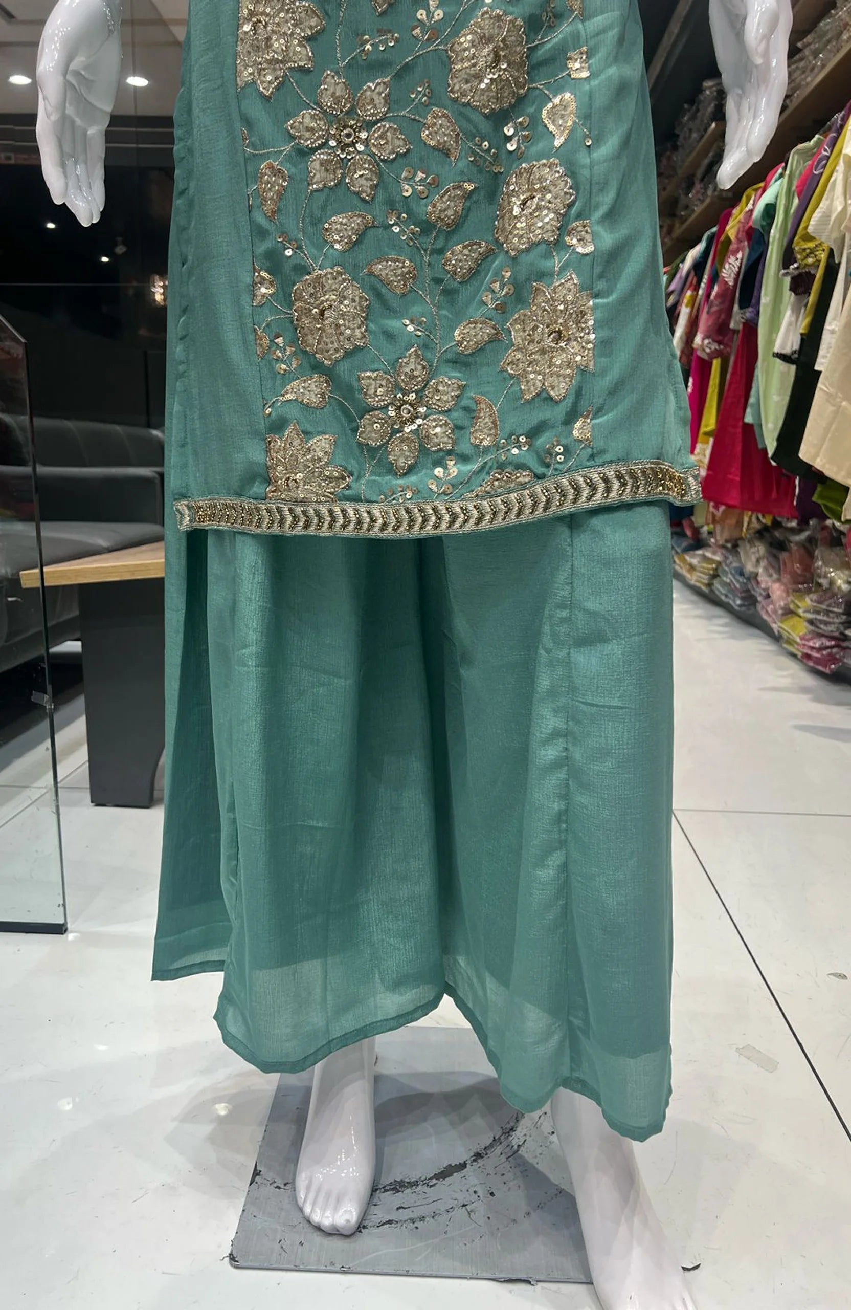 Dusty Green Chinon Bead Work 3 Piece Suit Set for Women | Elegant Straight Suit Festive Wear