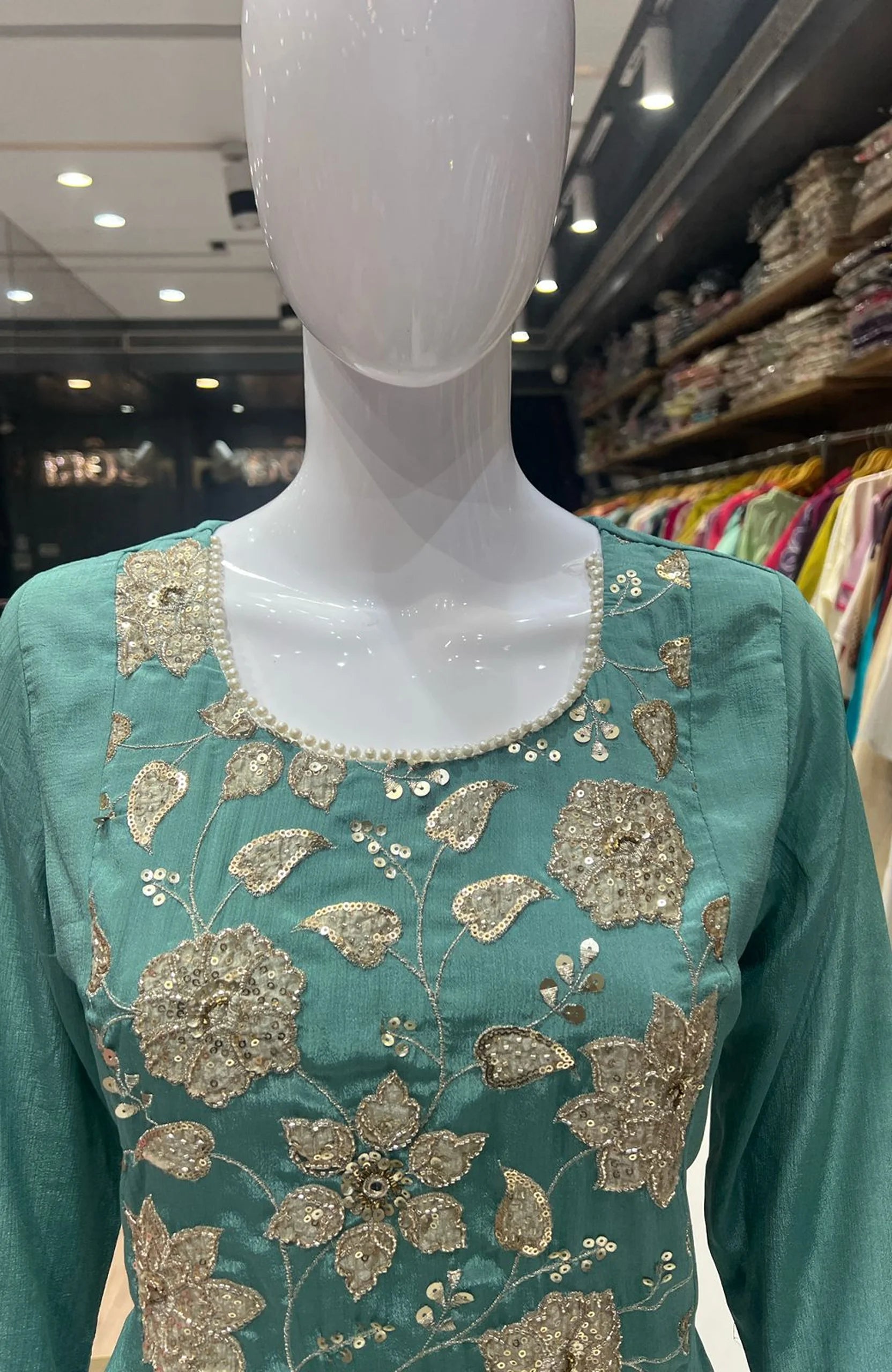 Dusty Green Chinon Bead Work 3 Piece Suit Set for Women | Elegant Straight Suit Festive Wear