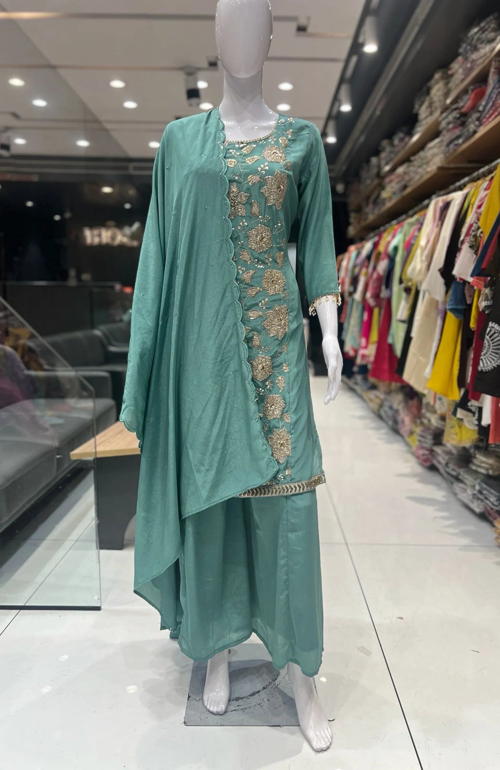 Dusty Green Chinon Bead Work 3 Piece Suit Set for Women | Elegant Straight Suit Festive Wear