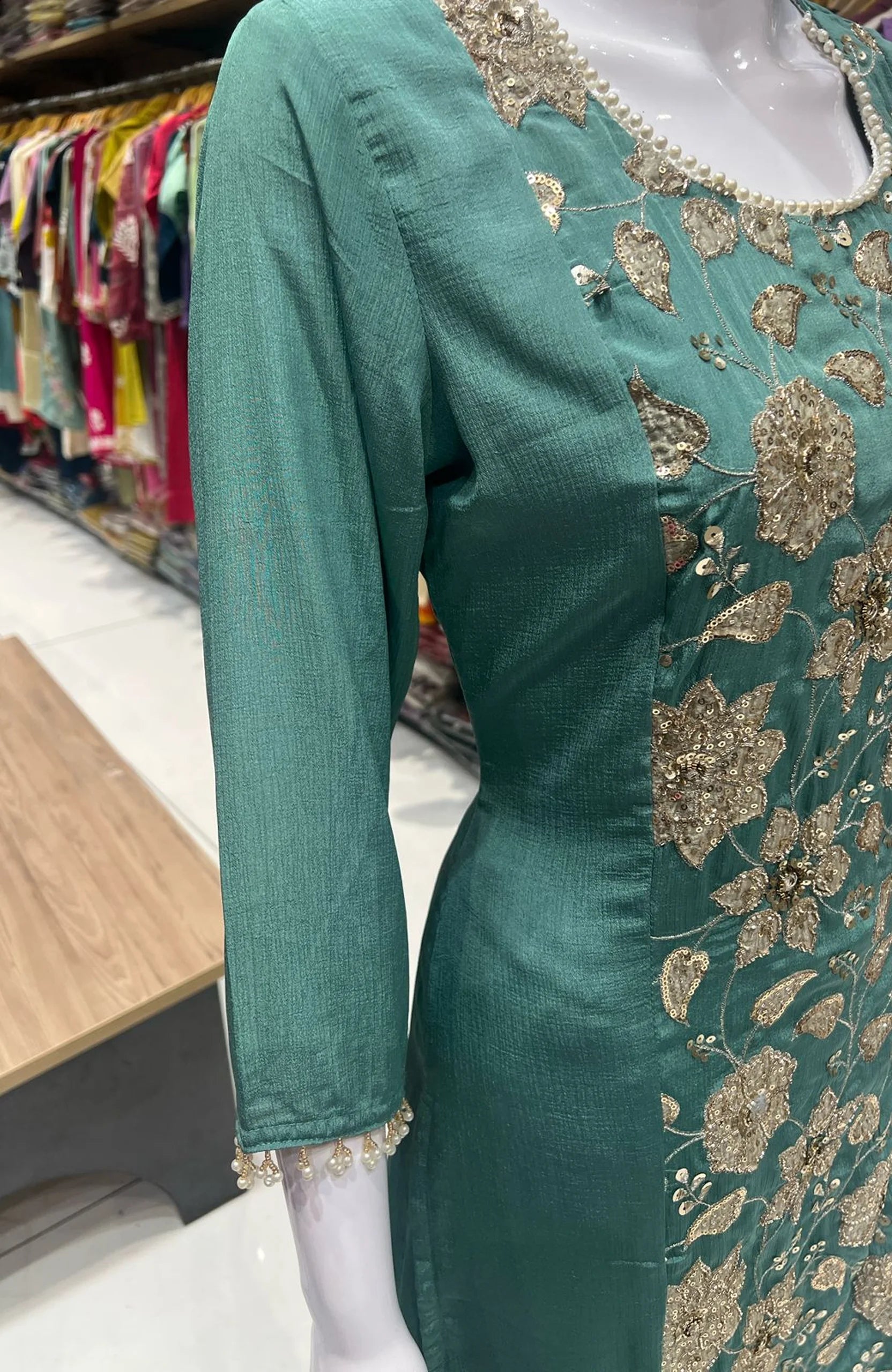 Dusty Green Chinon Bead Work 3 Piece Suit Set for Women | Elegant Straight Suit Festive Wear