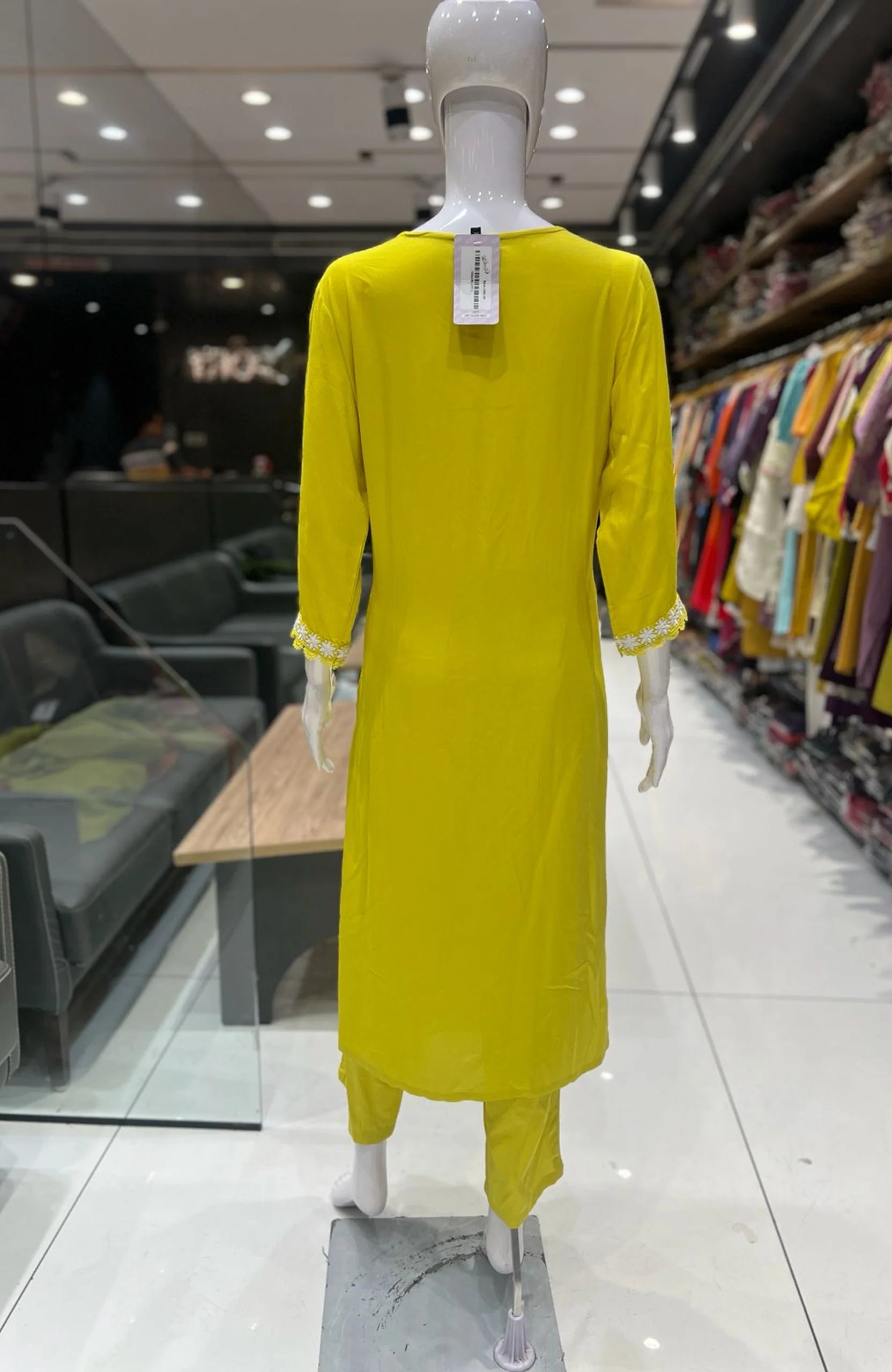 Yellow Rayon Embroidered Straight Suit Set for Women | Lace Work 3 Piece Ethnic Wear