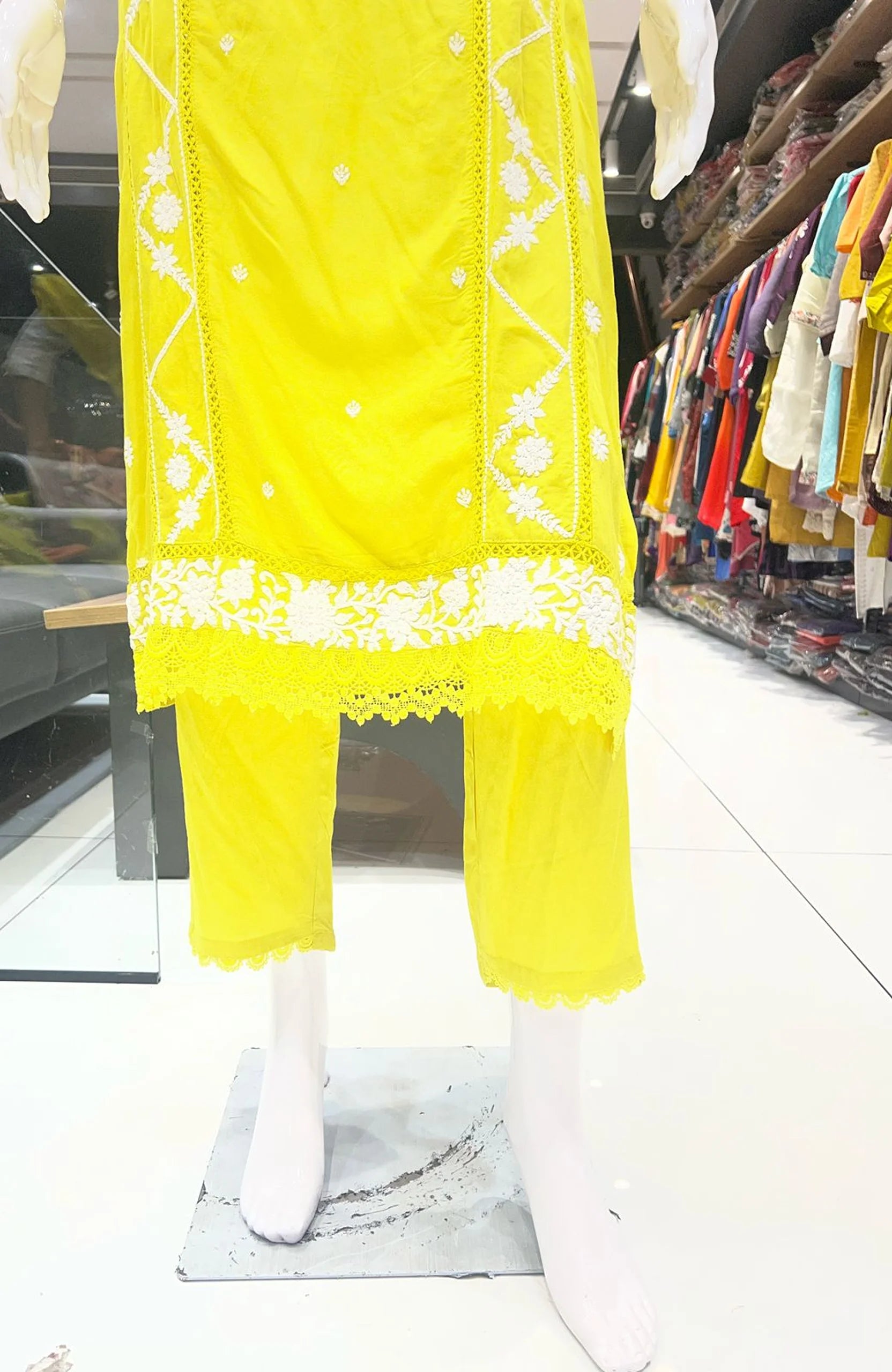 Yellow Rayon Embroidered Straight Suit Set for Women | Lace Work 3 Piece Ethnic Wear