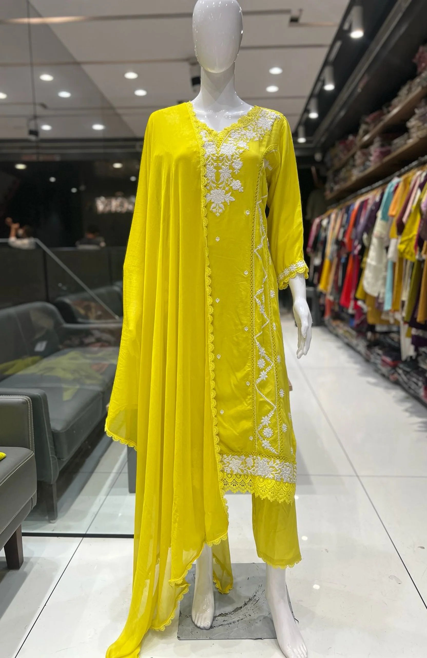 Yellow Rayon Embroidered Straight Suit Set for Women | Lace Work 3 Piece Ethnic Wear