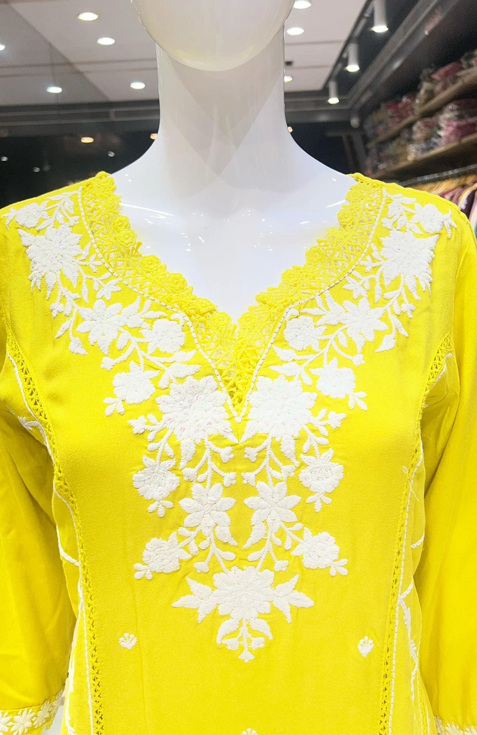 Yellow Rayon Embroidered Straight Suit Set for Women | Lace Work 3 Piece Ethnic Wear