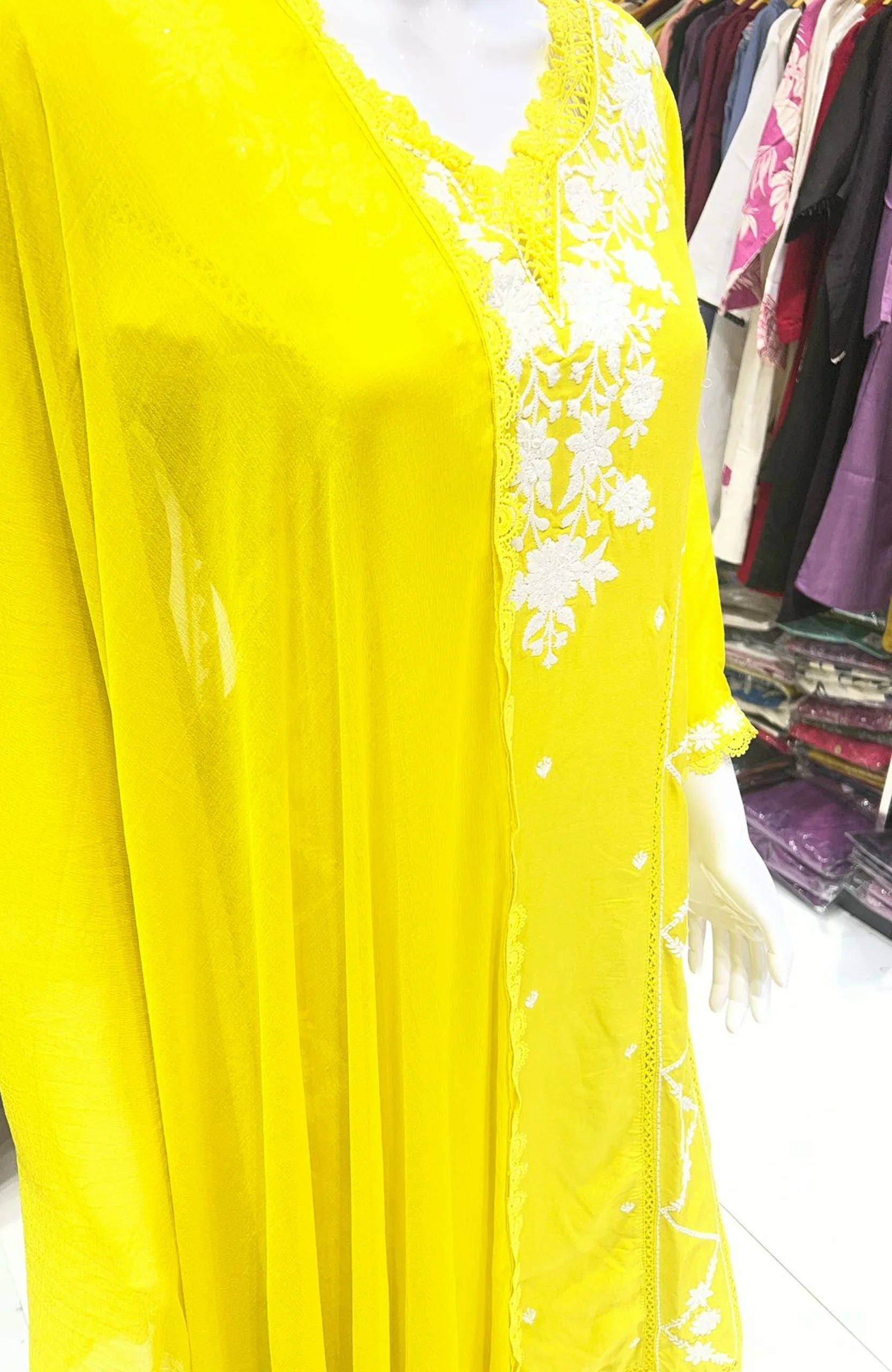 Yellow Rayon Embroidered Straight Suit Set for Women | Lace Work 3 Piece Ethnic Wear