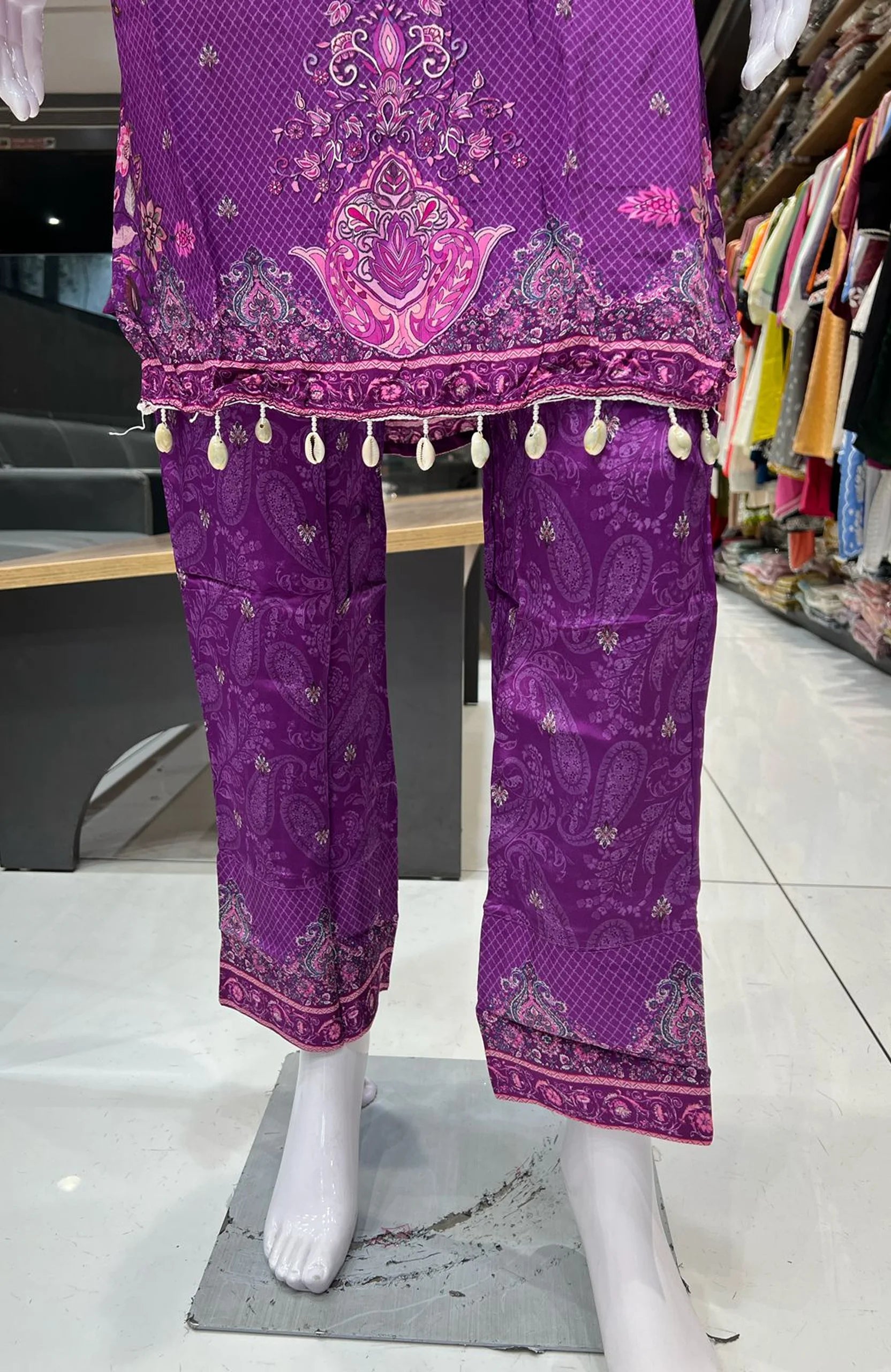 Purple Hand Work Straight Suit Set for Women | Natural Crepe 3 Piece Digital Print Kurta Set with Dupatta