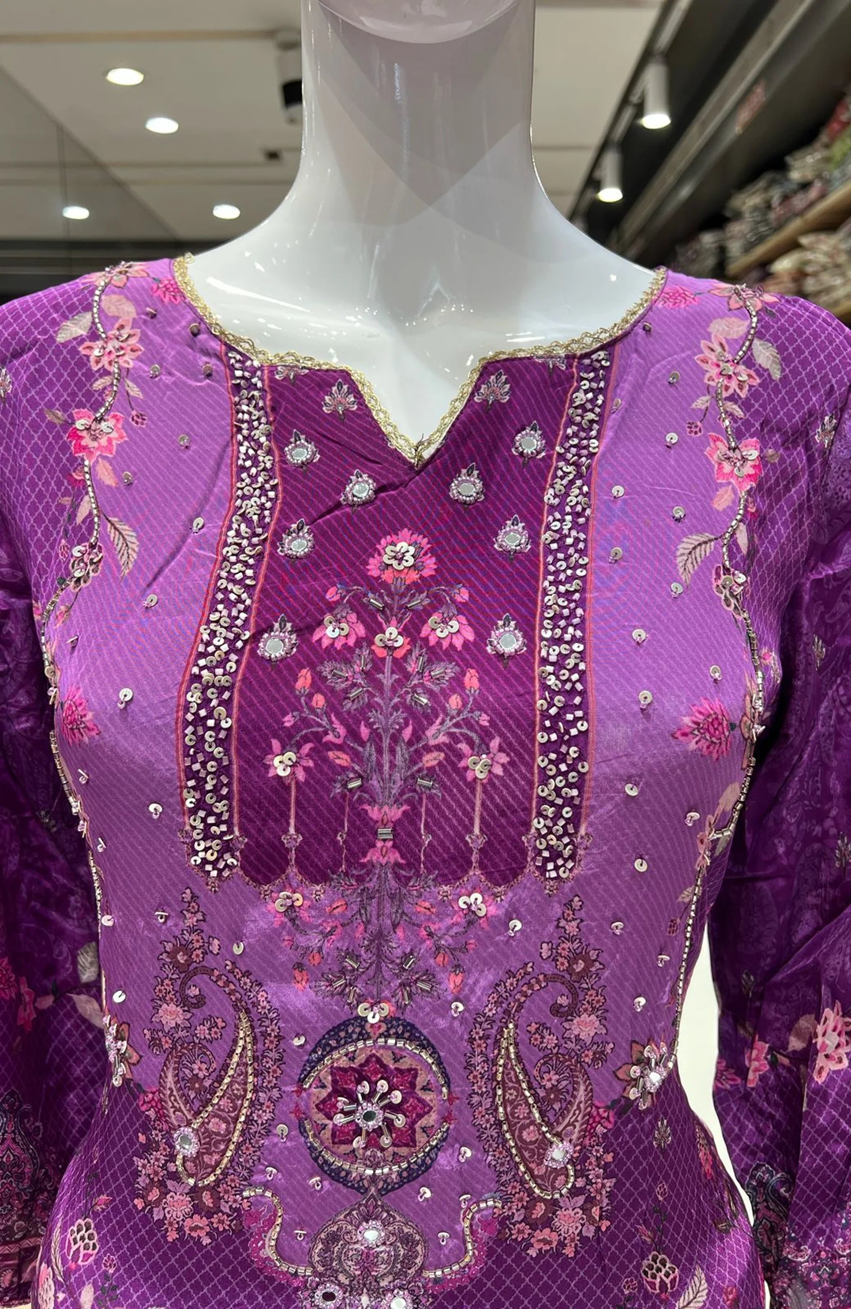 Purple Hand Work Straight Suit Set for Women | Natural Crepe 3 Piece Digital Print Kurta Set with Dupatta