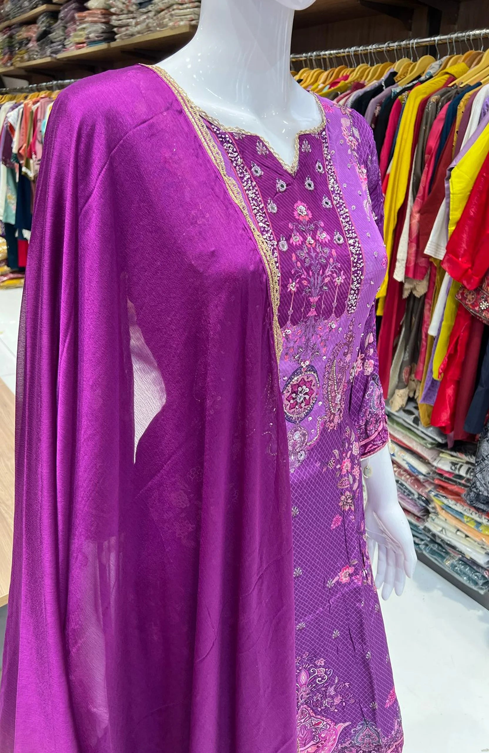 Purple Hand Work Straight Suit Set for Women | Natural Crepe 3 Piece Digital Print Kurta Set with Dupatta