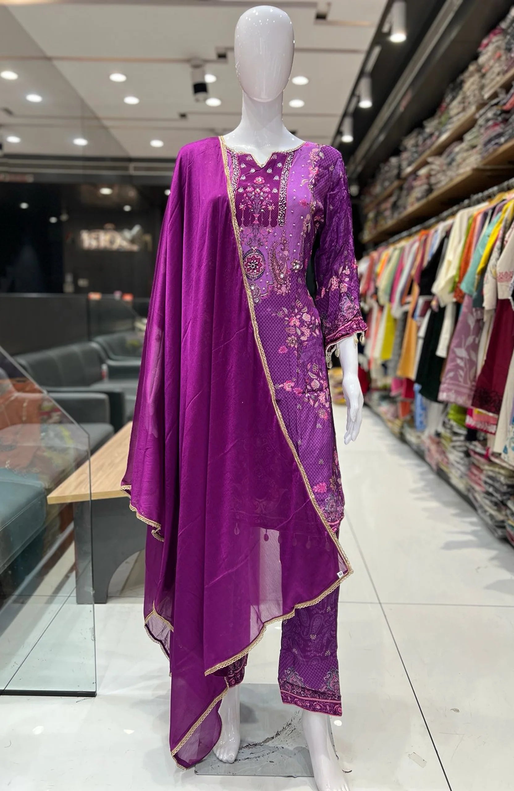 Purple Hand Work Straight Suit Set for Women | Natural Crepe 3 Piece Digital Print Kurta Set with Dupatta
