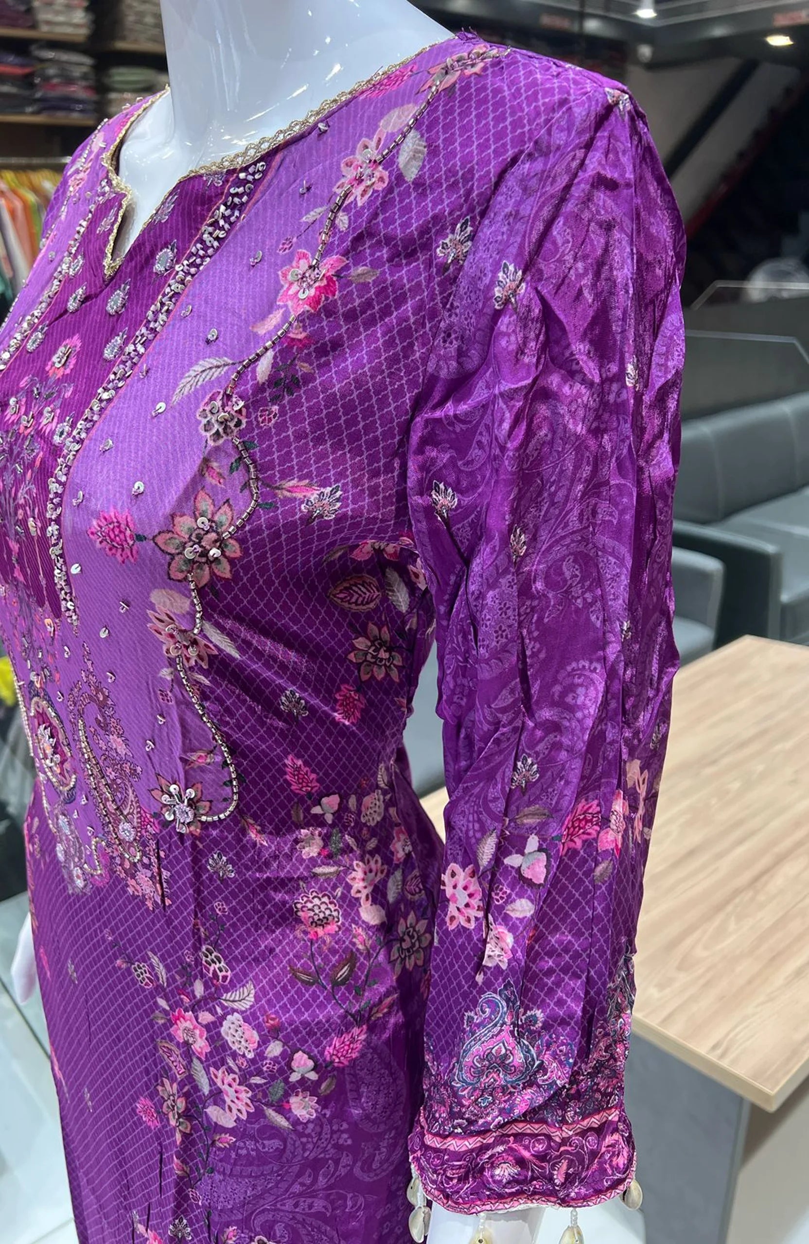 Purple Hand Work Straight Suit Set for Women | Natural Crepe 3 Piece Digital Print Kurta Set with Dupatta