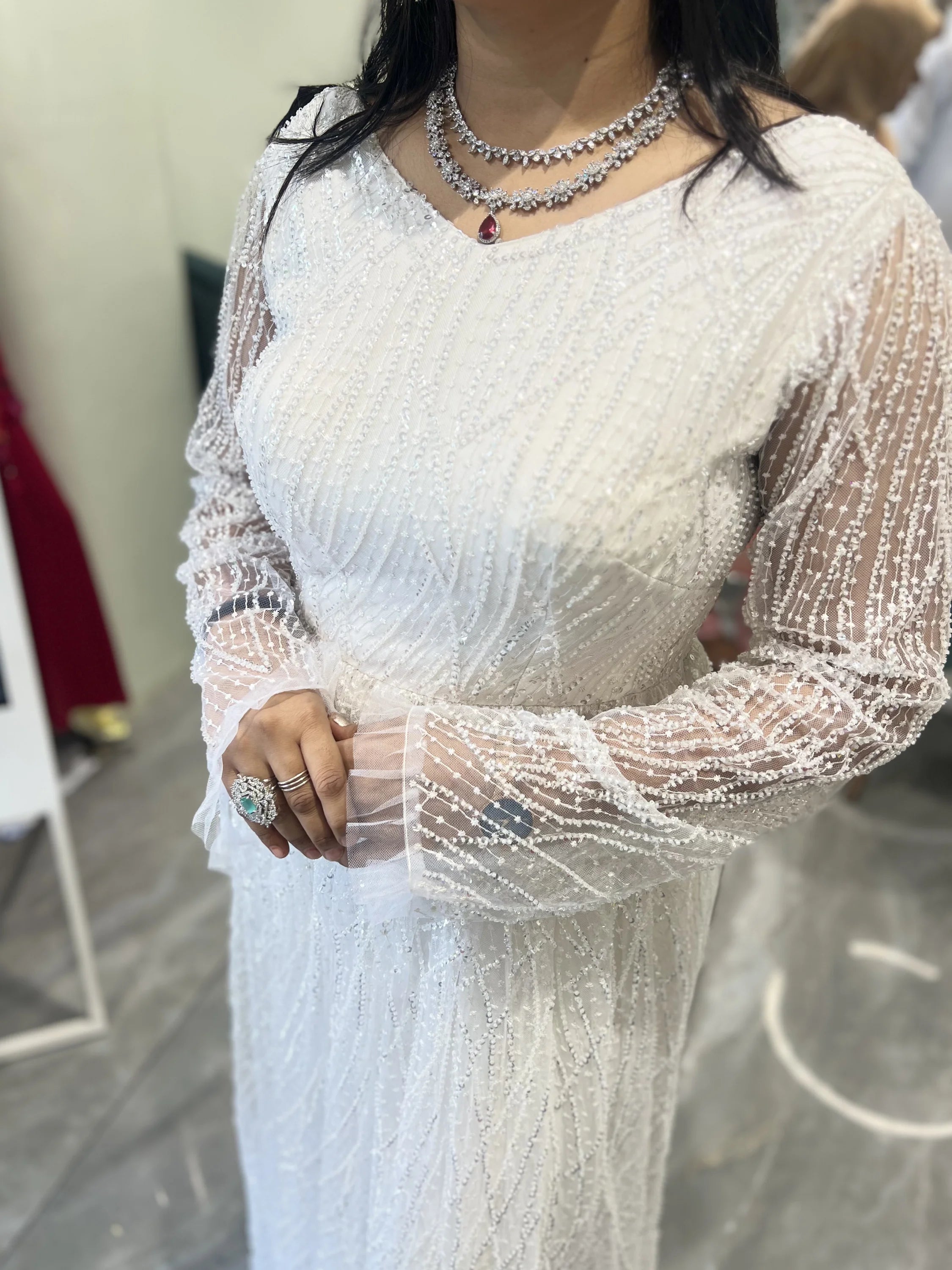 White Sequin With Moti Net Gown - IBGORI 2