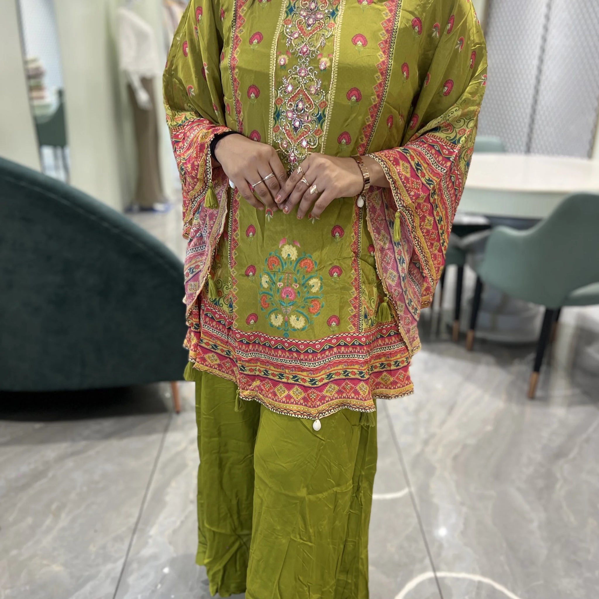 Olive Green Embroidery Silk Cordset - IDGORI 1061 3