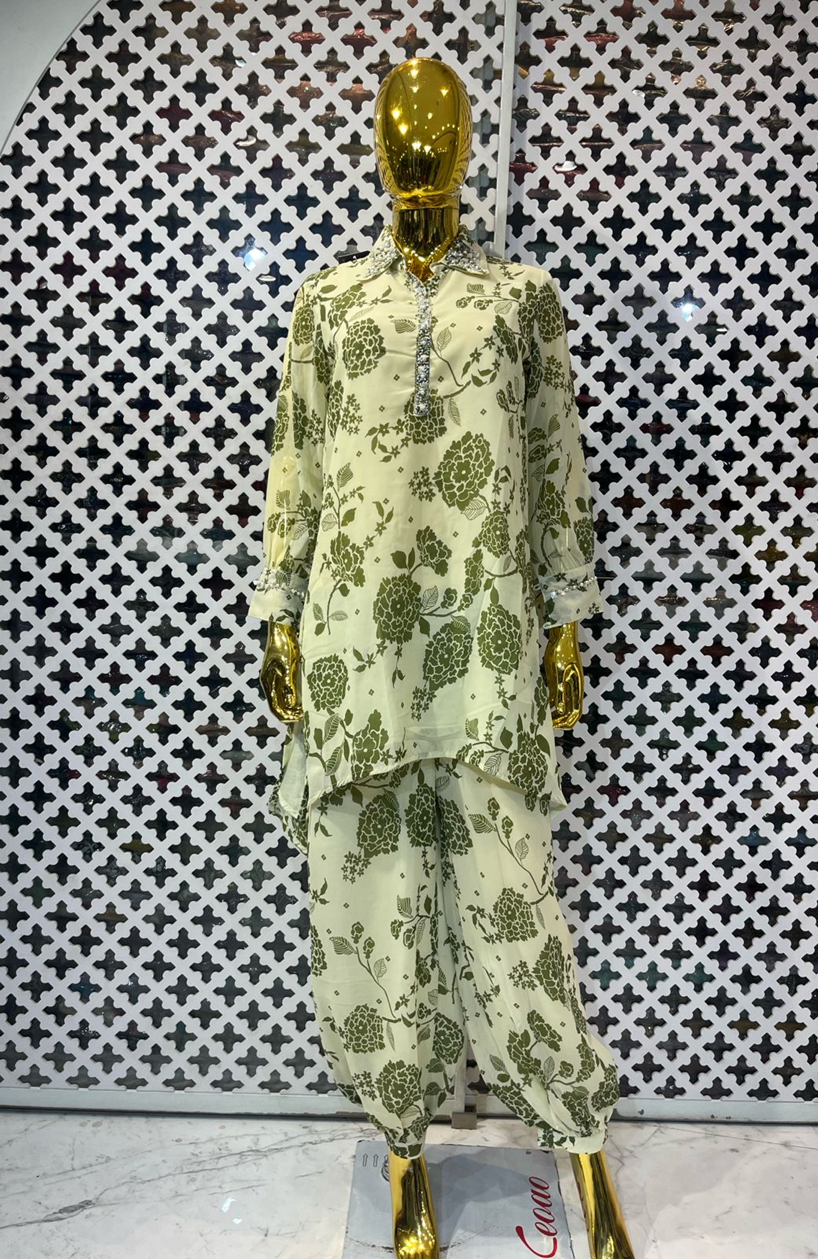 Pista Green Pure Georgette Printed Co-Ord Set for Women | Digital Floral Print Hand Work Designer Outfit