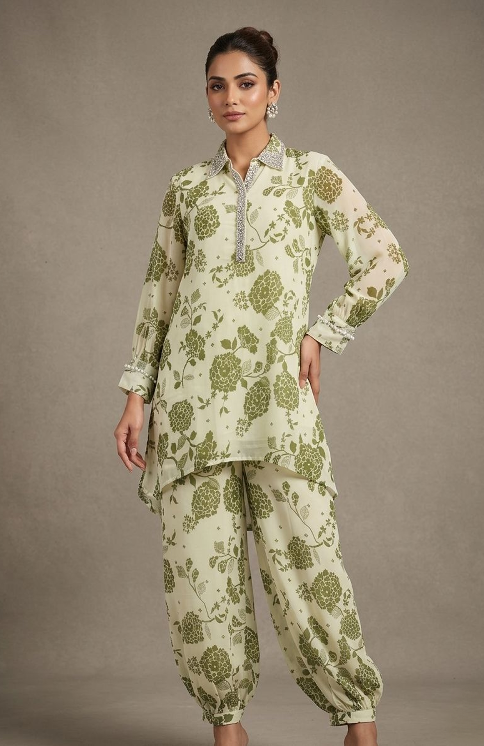 Pista Green Pure Georgette Printed Co-Ord Set for Women | Digital Floral Print Hand Work Designer Outfit