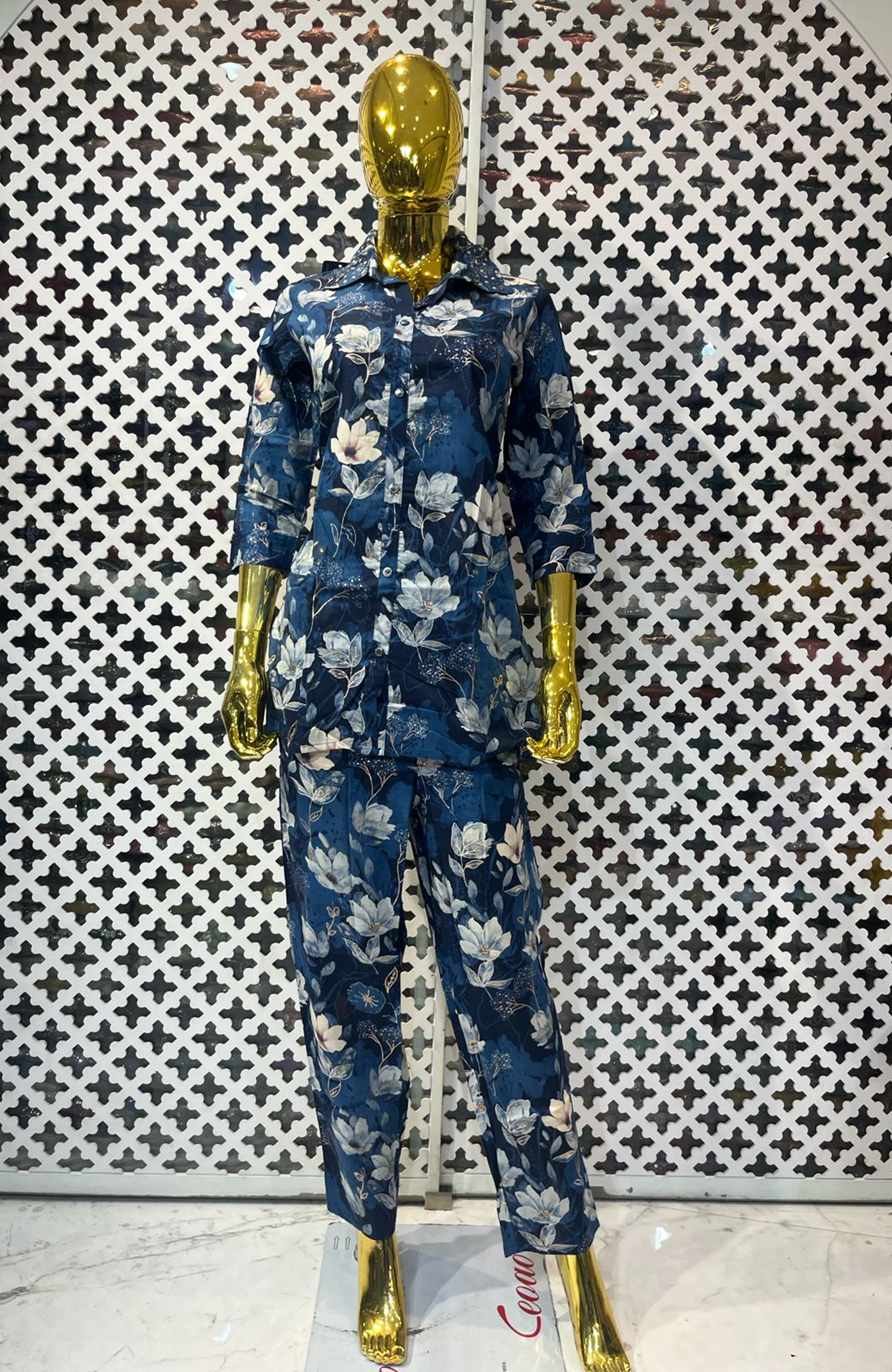Blue Floral Cotton Co-Ord Set for Women | Digital Print Hand Work Designer Cord Set