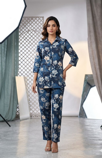 Blue Floral Cotton Co-Ord Set for Women | Digital Print Hand Work Designer Cord Set