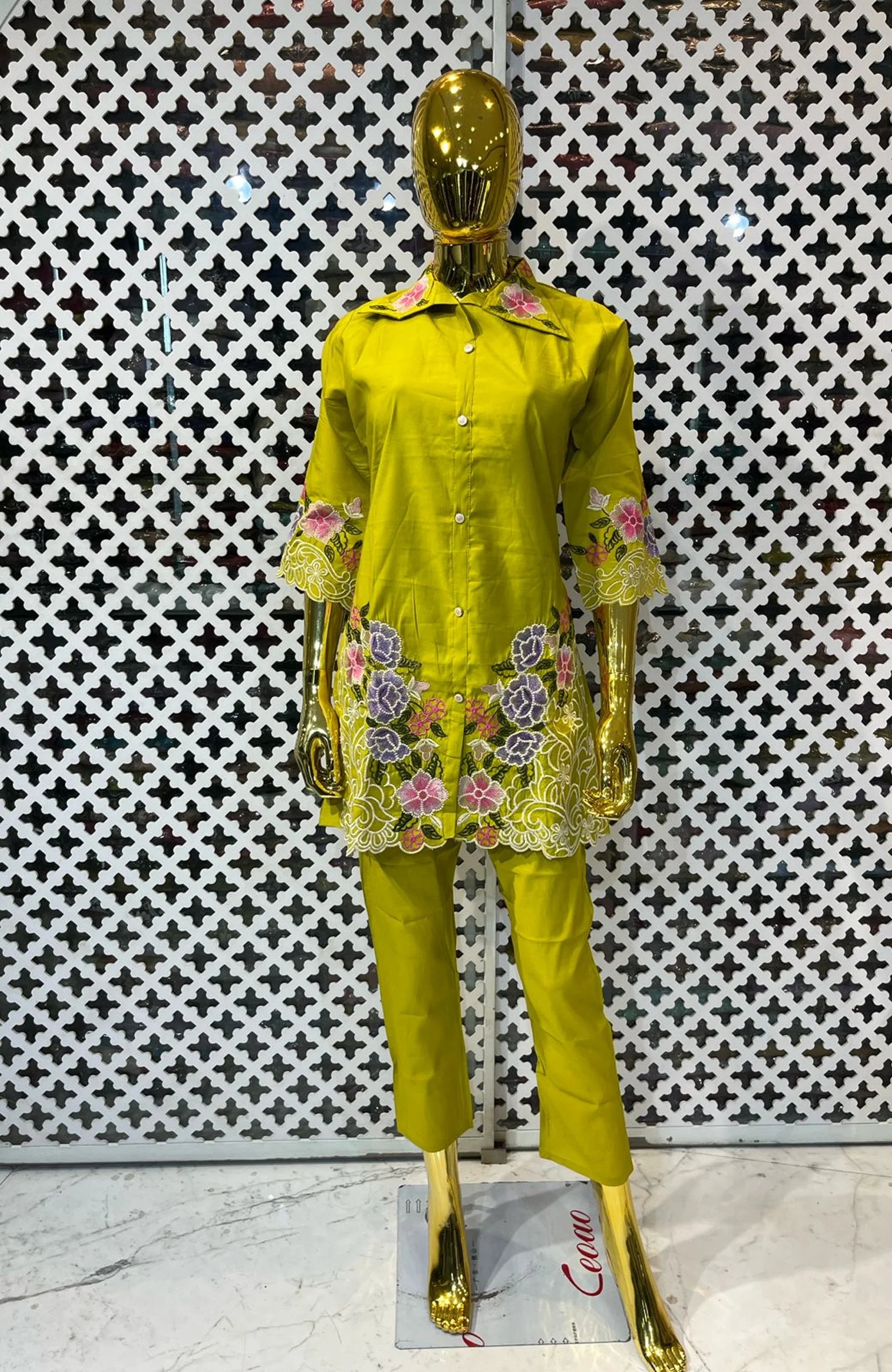 Mehndi Roman Silk Embroidered Co-ord Set for Women | Premium Floral Work 2 Piece Outfit