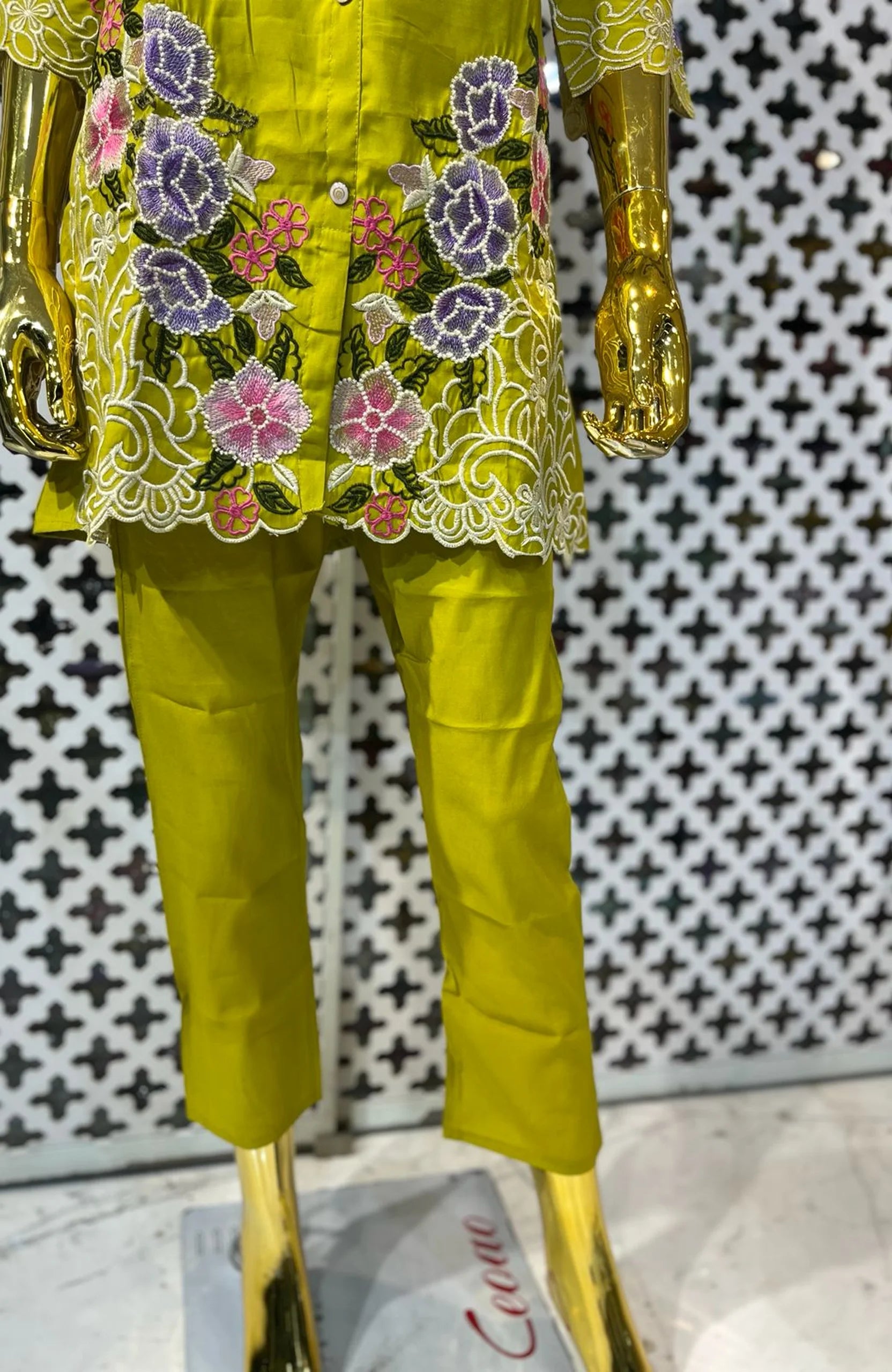 Mehndi Roman Silk Embroidered Co-ord Set for Women | Premium Floral Work 2 Piece Outfit