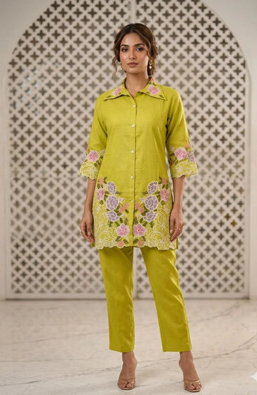 Mehndi Roman Silk Embroidered Co-ord Set for Women | Premium Floral Work 2 Piece Outfit