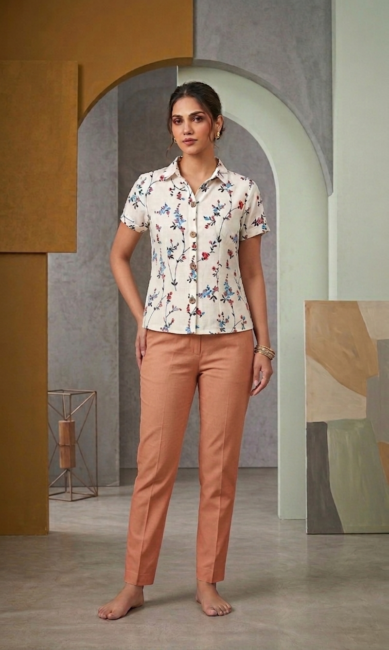 Cream Slub Cotton Floral Printed Shirt for Women | Stylish Casual Ethnic Top
