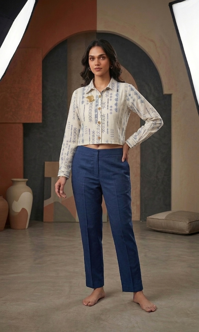 Cream Slub Cotton Printed Crop Shirt for Women | Stylish Casual Ethnic Top