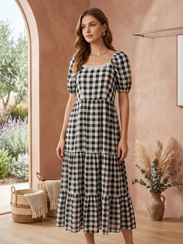 Black and White Checkered Midi Dress for Women | Lace Work Cotton One Piece Casual Wear