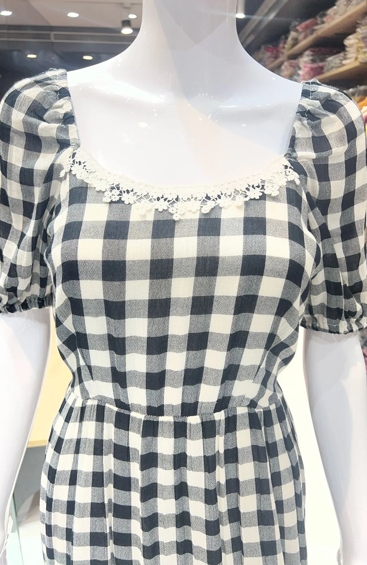 Black and White Checkered Midi Dress for Women | Lace Work Cotton One Piece Casual Wear