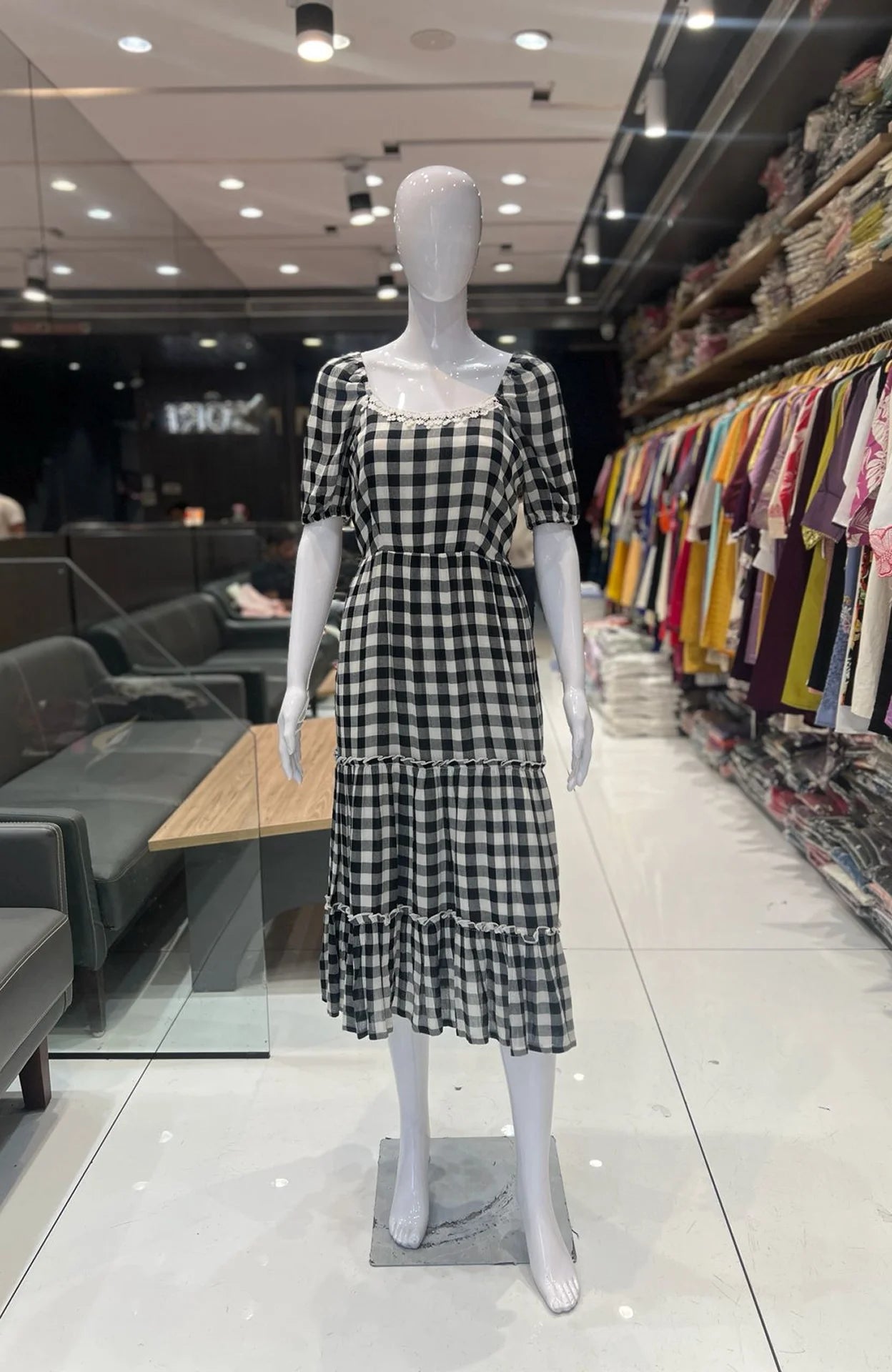 Black and White Checkered Midi Dress for Women | Lace Work Cotton One Piece Casual Wear