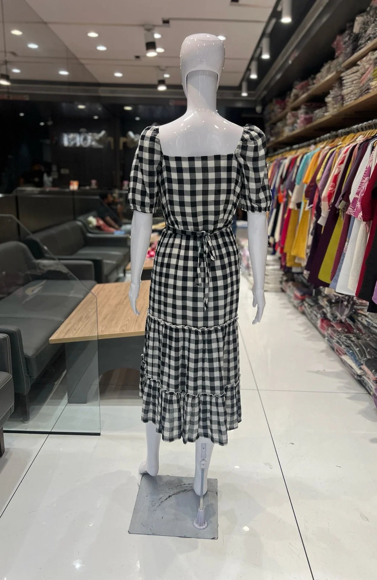 Black and White Checkered Midi Dress for Women | Lace Work Cotton One Piece Casual Wear