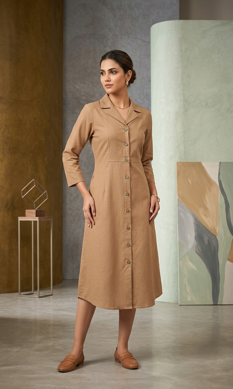 Brown Heavy Flex Cotton Shirt Dress for Women | Button Work One Piece Casual Wear