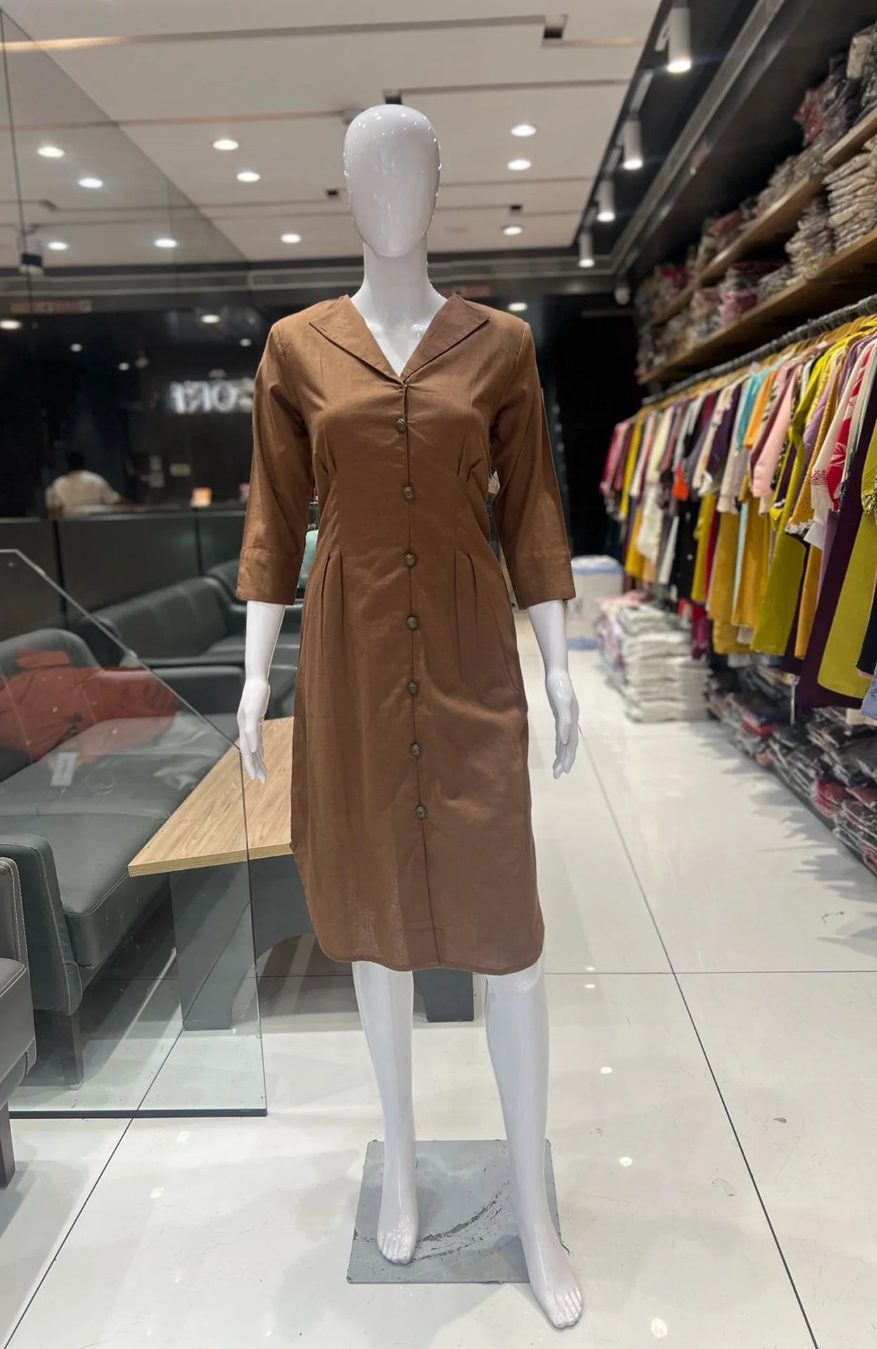Brown Heavy Flex Cotton Shirt Dress for Women | Button Work One Piece Casual Wear