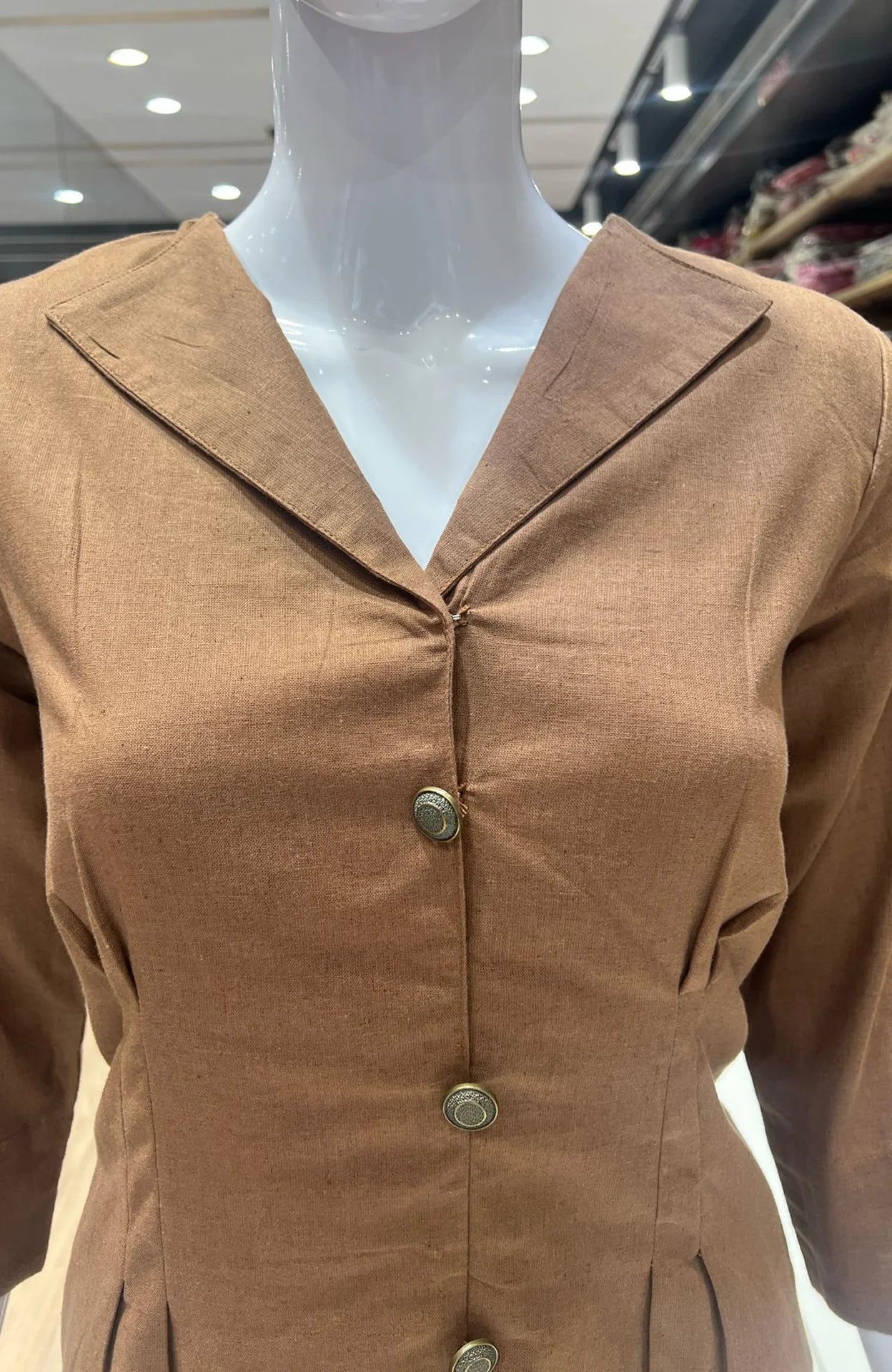 Brown Heavy Flex Cotton Shirt Dress for Women | Button Work One Piece Casual Wear