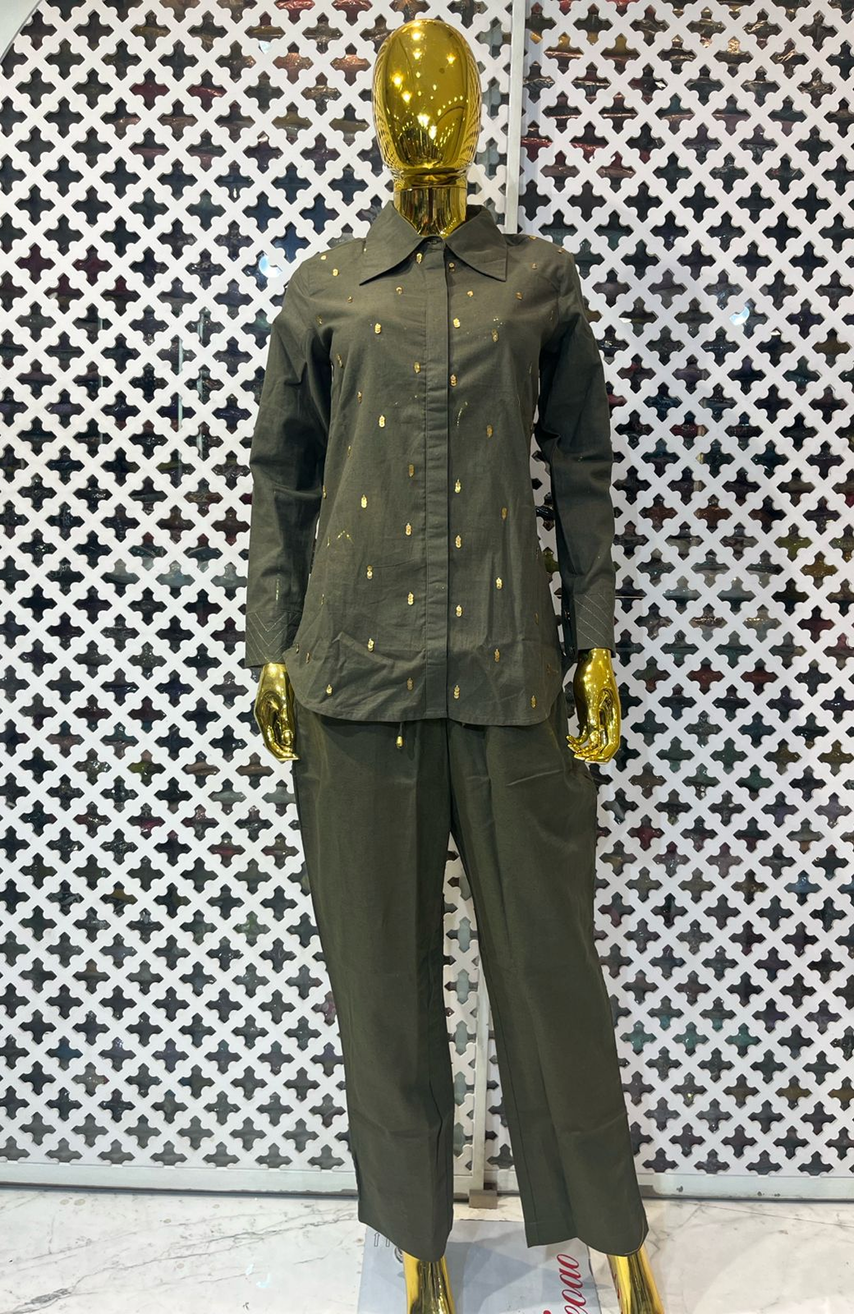 Bottle Green Linen Cotton Co-Ord Set for Women | Hand Sequin Work Designer Cord Set