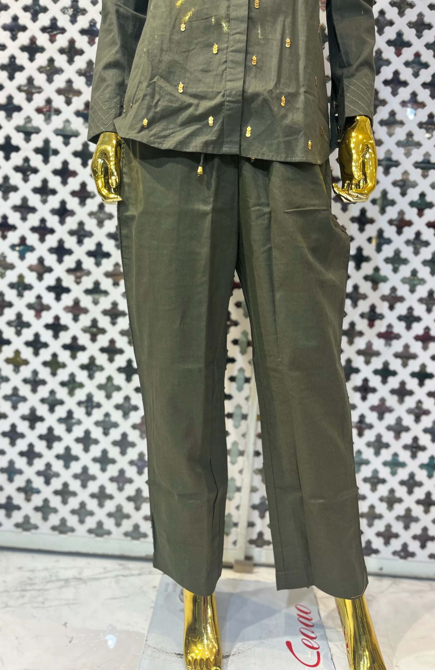 Bottle Green Linen Cotton Co-Ord Set for Women | Hand Sequin Work Designer Cord Set