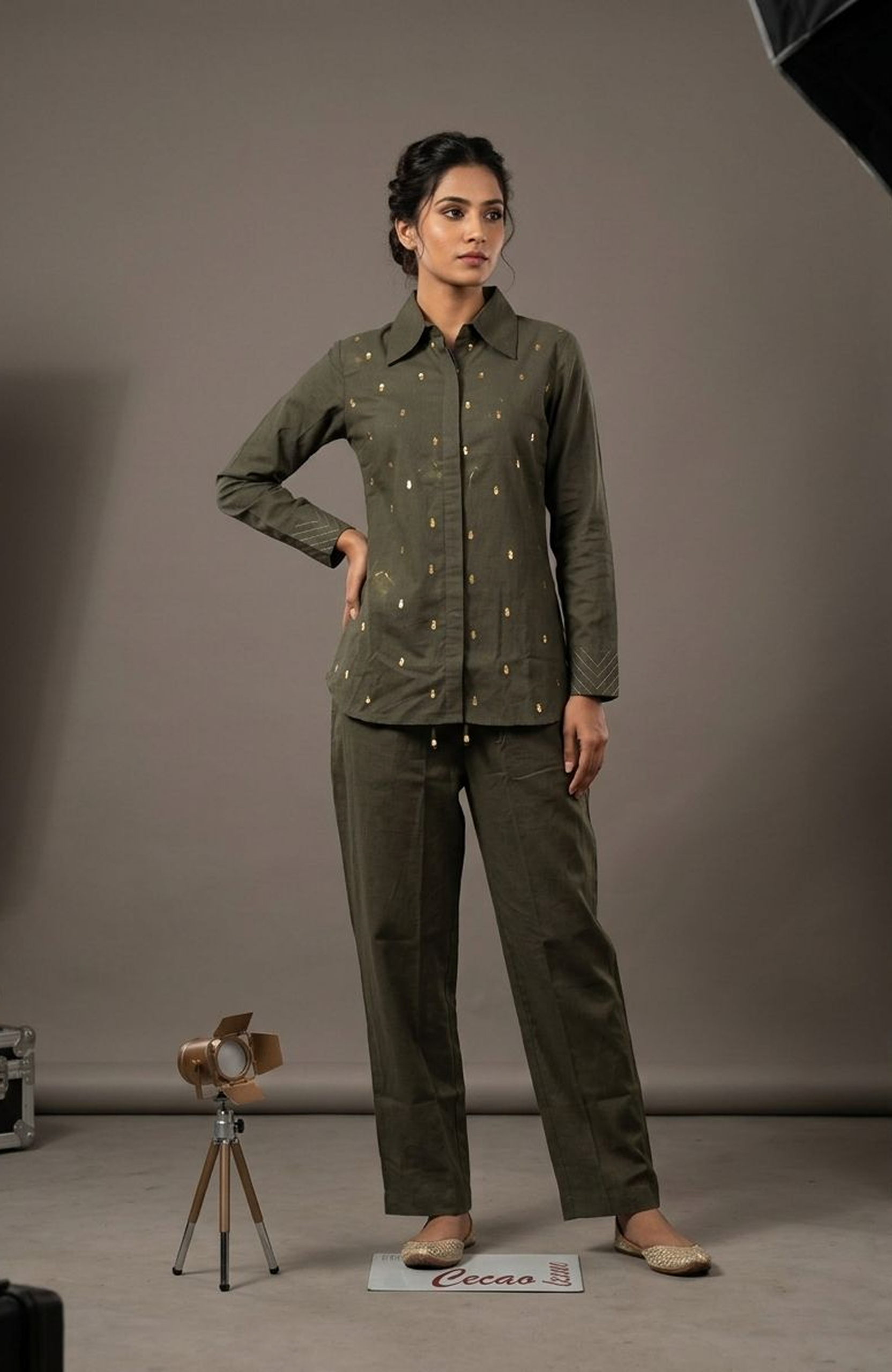 Bottle Green Linen Cotton Co-Ord Set for Women | Hand Sequin Work Designer Cord Set