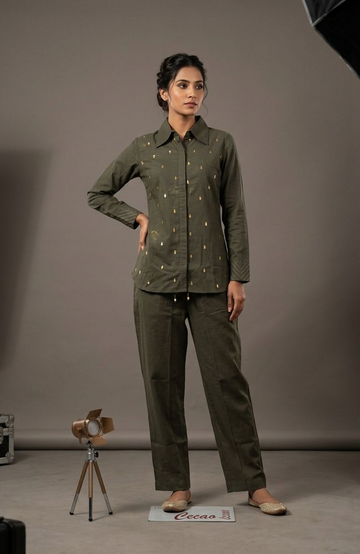 Bottle Green Linen Cotton Co-Ord Set for Women | Hand Sequin Work Designer Cord Set