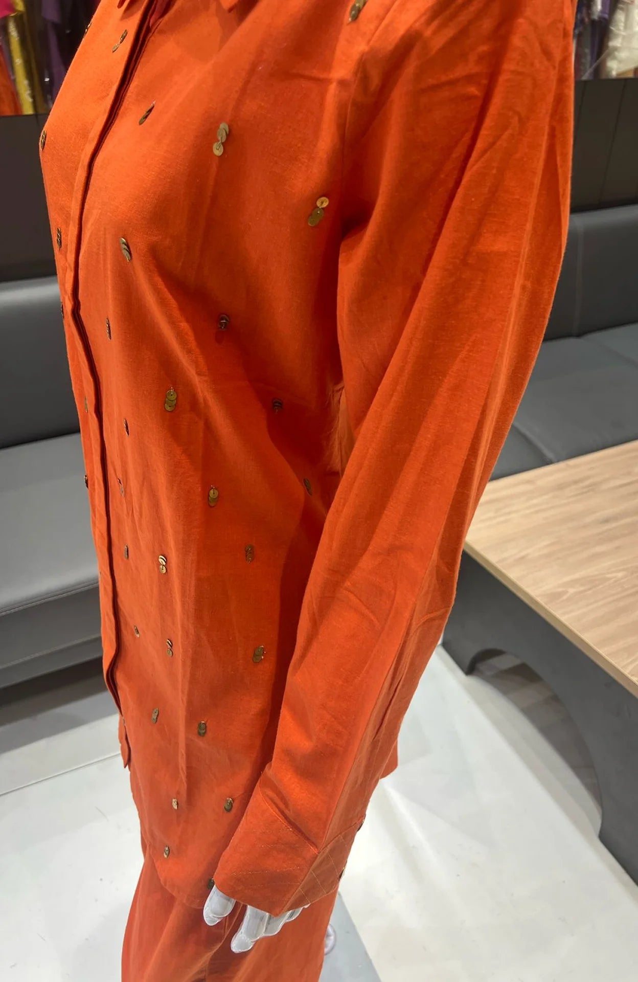 Orange Slub Cotton Co-ord Set for Women | Shirt Style Hand Work Cord Set
