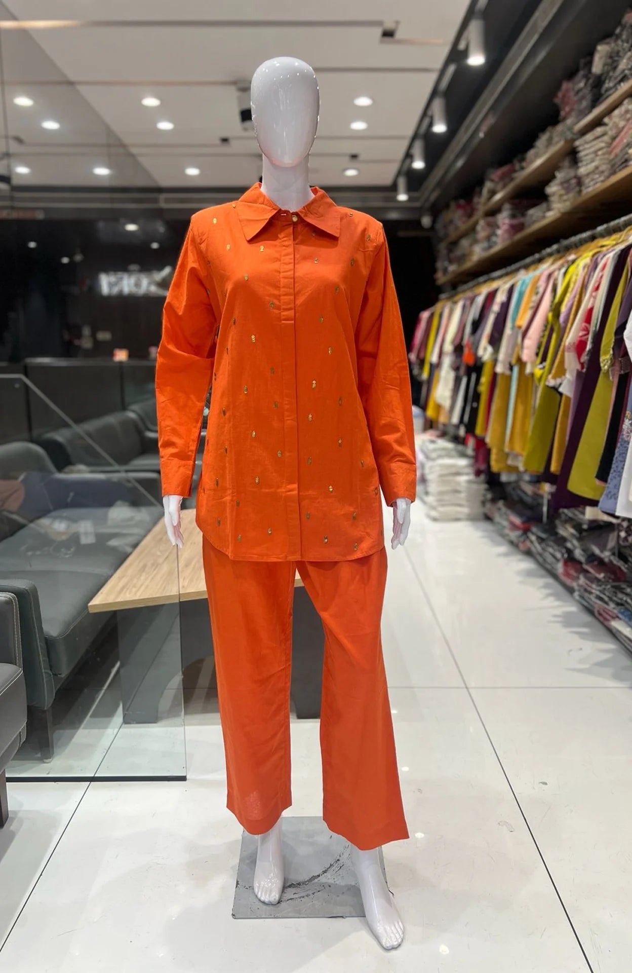 Orange Slub Cotton Co-ord Set for Women | Shirt Style Hand Work Cord Set