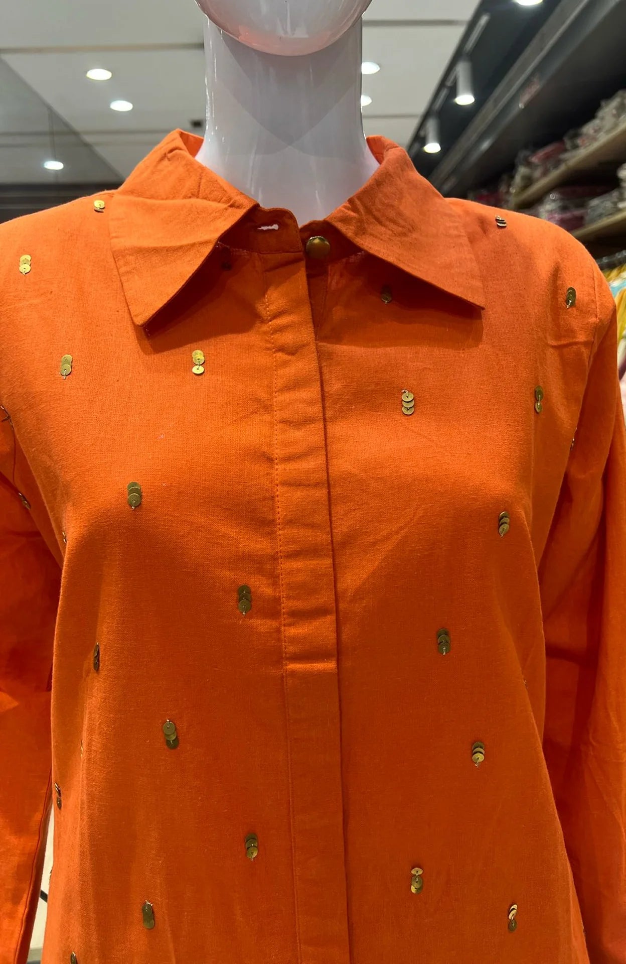 Orange Slub Cotton Co-ord Set for Women | Shirt Style Hand Work Cord Set