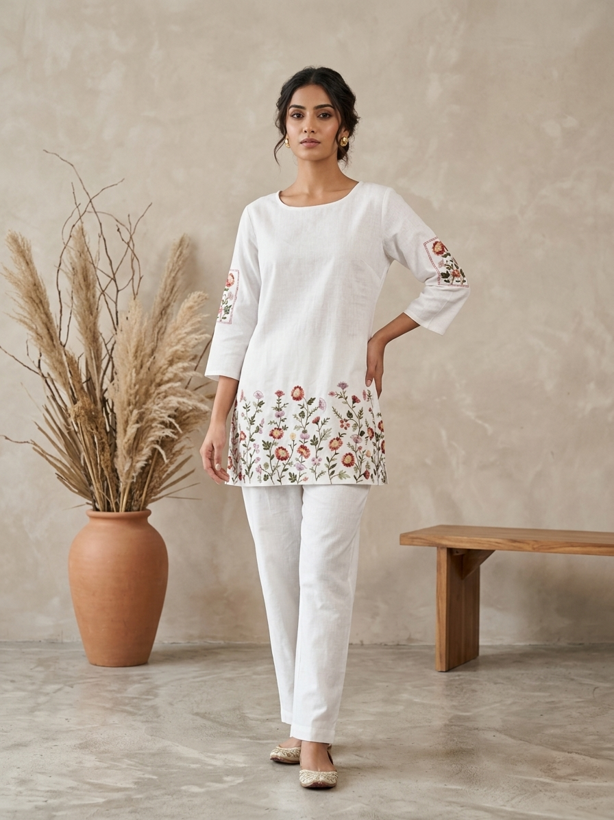 White Slub Cotton Embroidered Co-ord Set for Women | Floral Work Cord Set