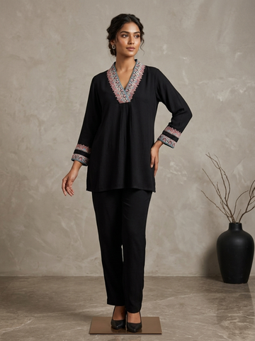 Black Rayon Embroidered Cord Set for Women | Stylish Co-ord Set with Designer Work