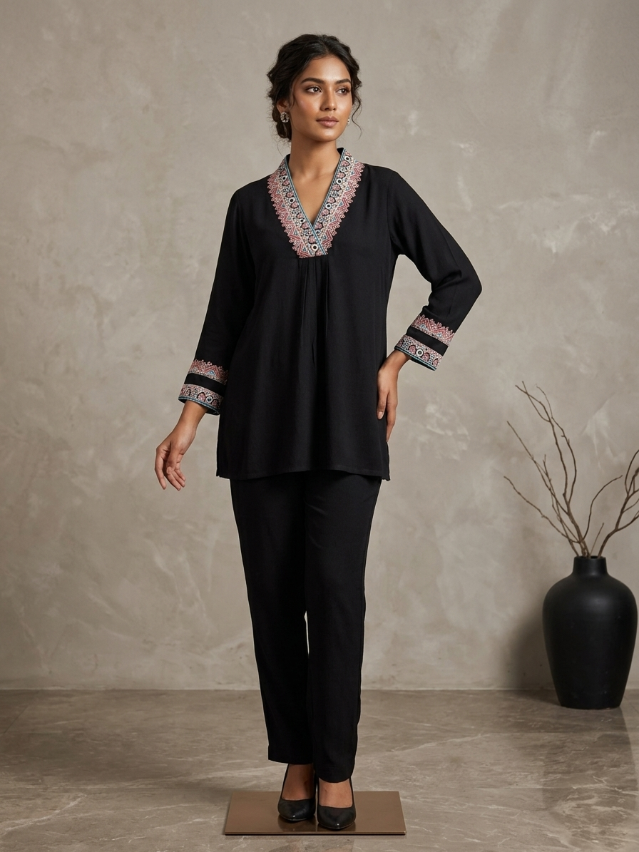 Black Rayon Embroidered Cord Set for Women | Stylish Co-ord Set with Designer Work