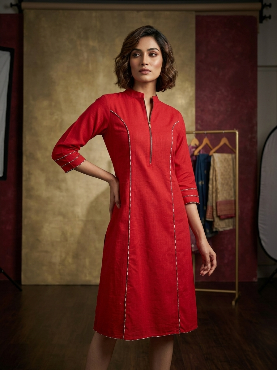 Red Slub Cotton Zipper Dress for Women | Pocket Style One Piece Casual Wear