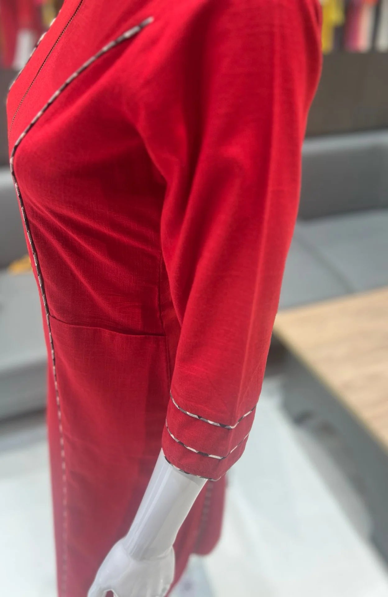 Red Slub Cotton Zipper Dress for Women | Pocket Style One Piece Casual Wear