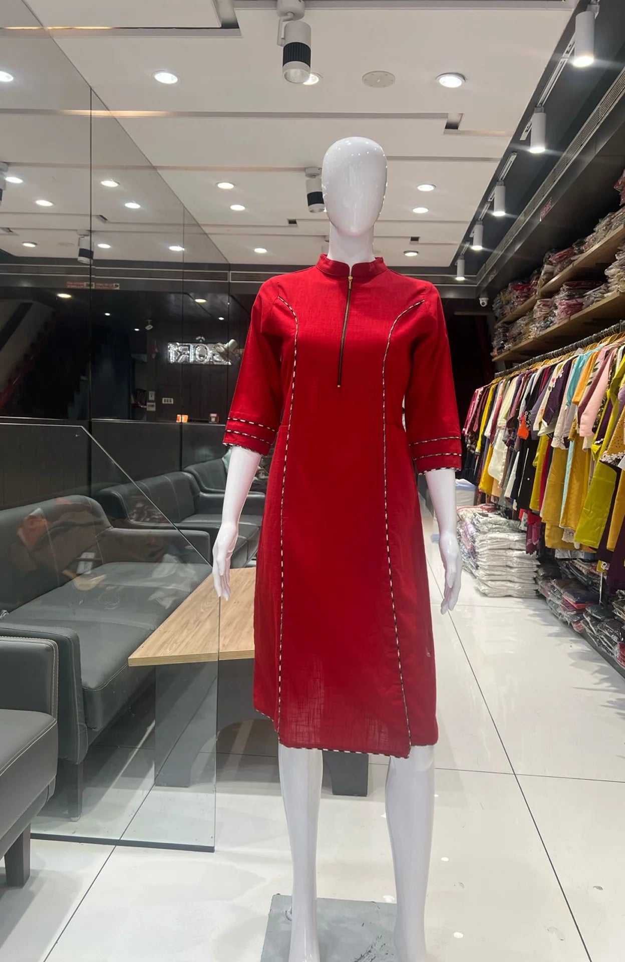Red Slub Cotton Zipper Dress for Women | Pocket Style One Piece Casual Wear