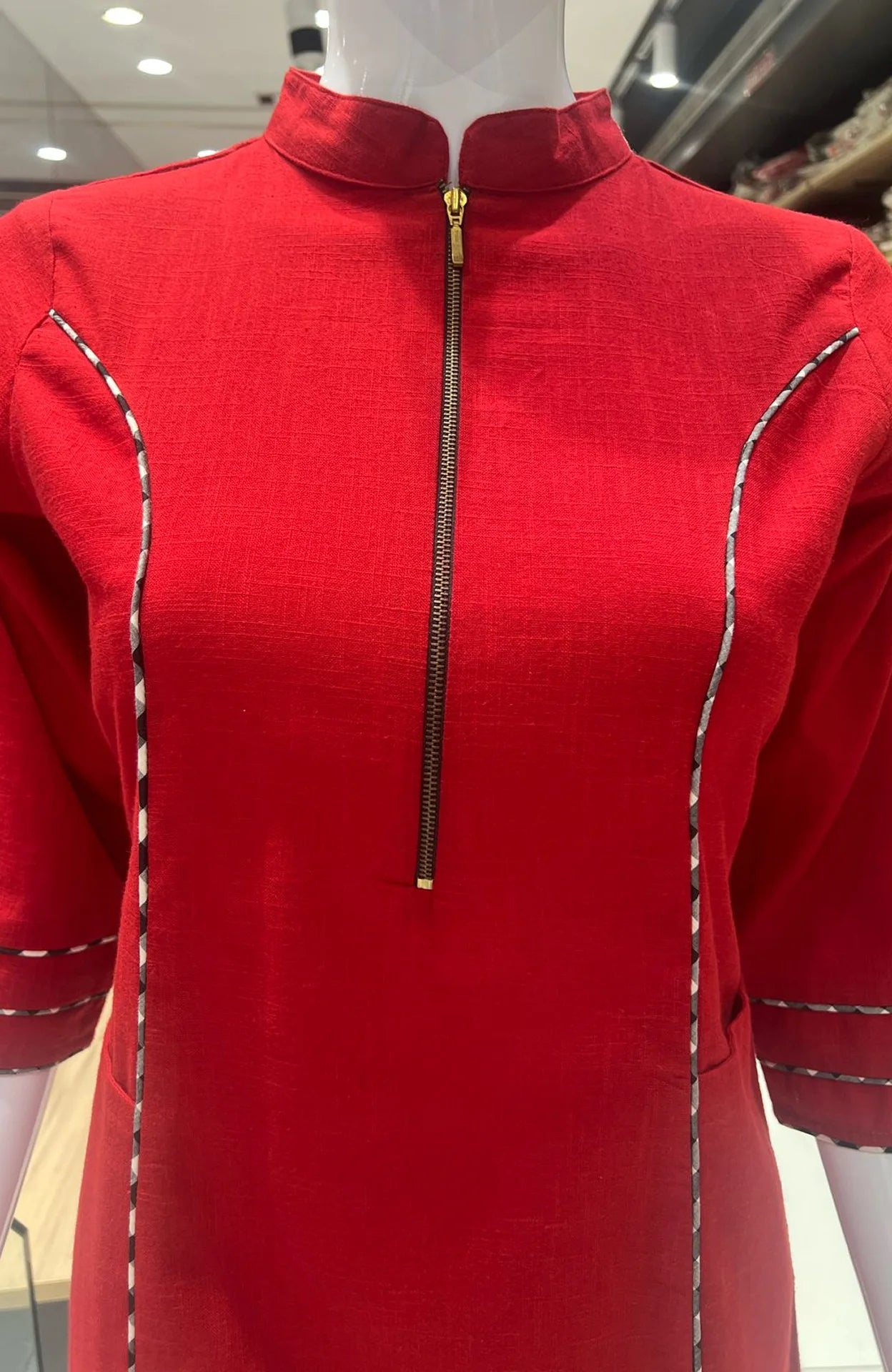 Red Slub Cotton Zipper Dress for Women | Pocket Style One Piece Casual Wear